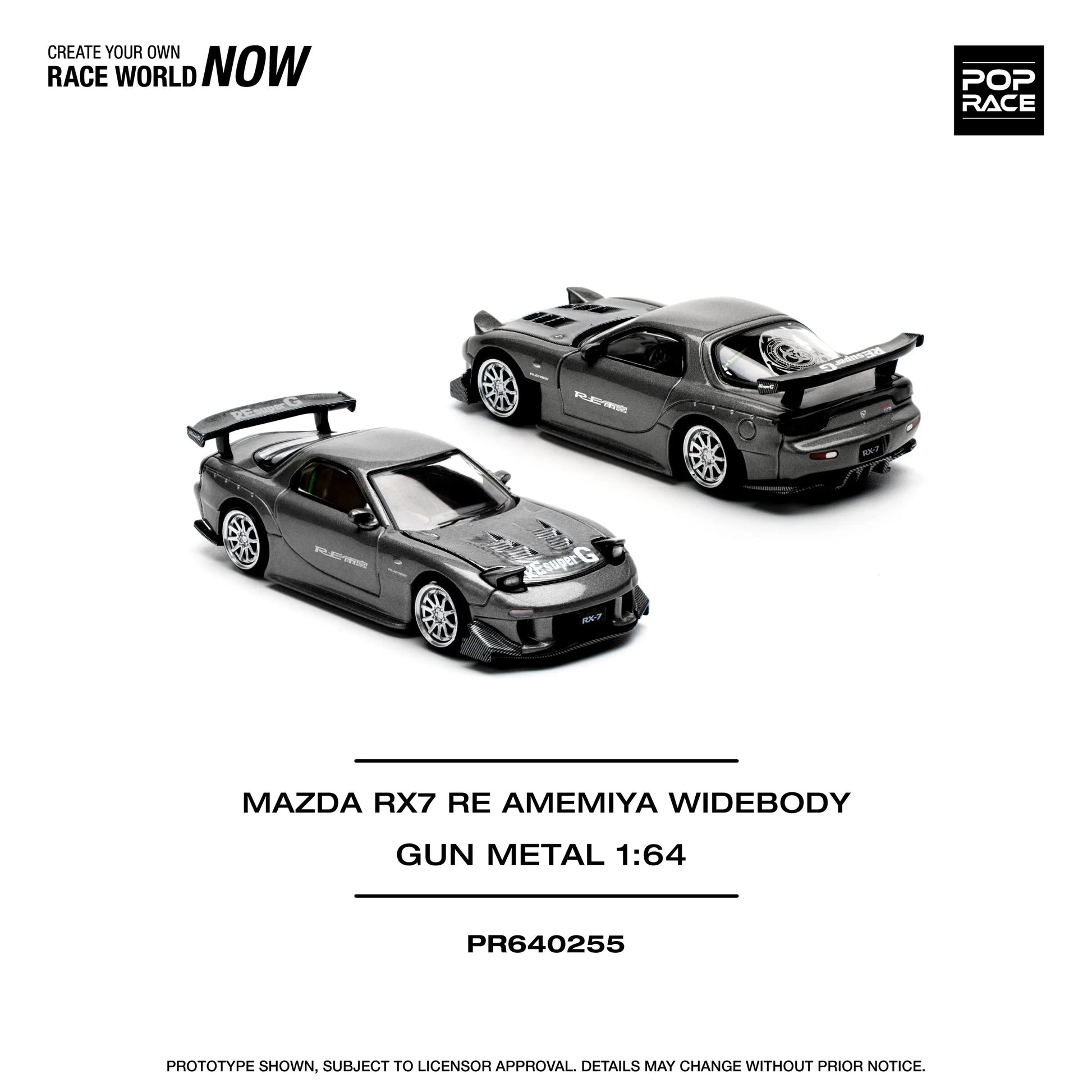 Front and back angles of Mazda RX-7 RE-AMEMIYA Widebody diecast car in Gun Metal Grey