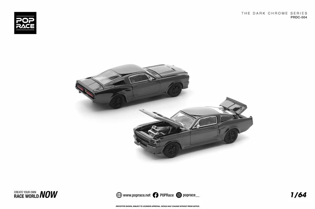 Pop Race Shelby Mustang GT500 Dark Chrome 1:64 diecast model car front and back three-quarter view