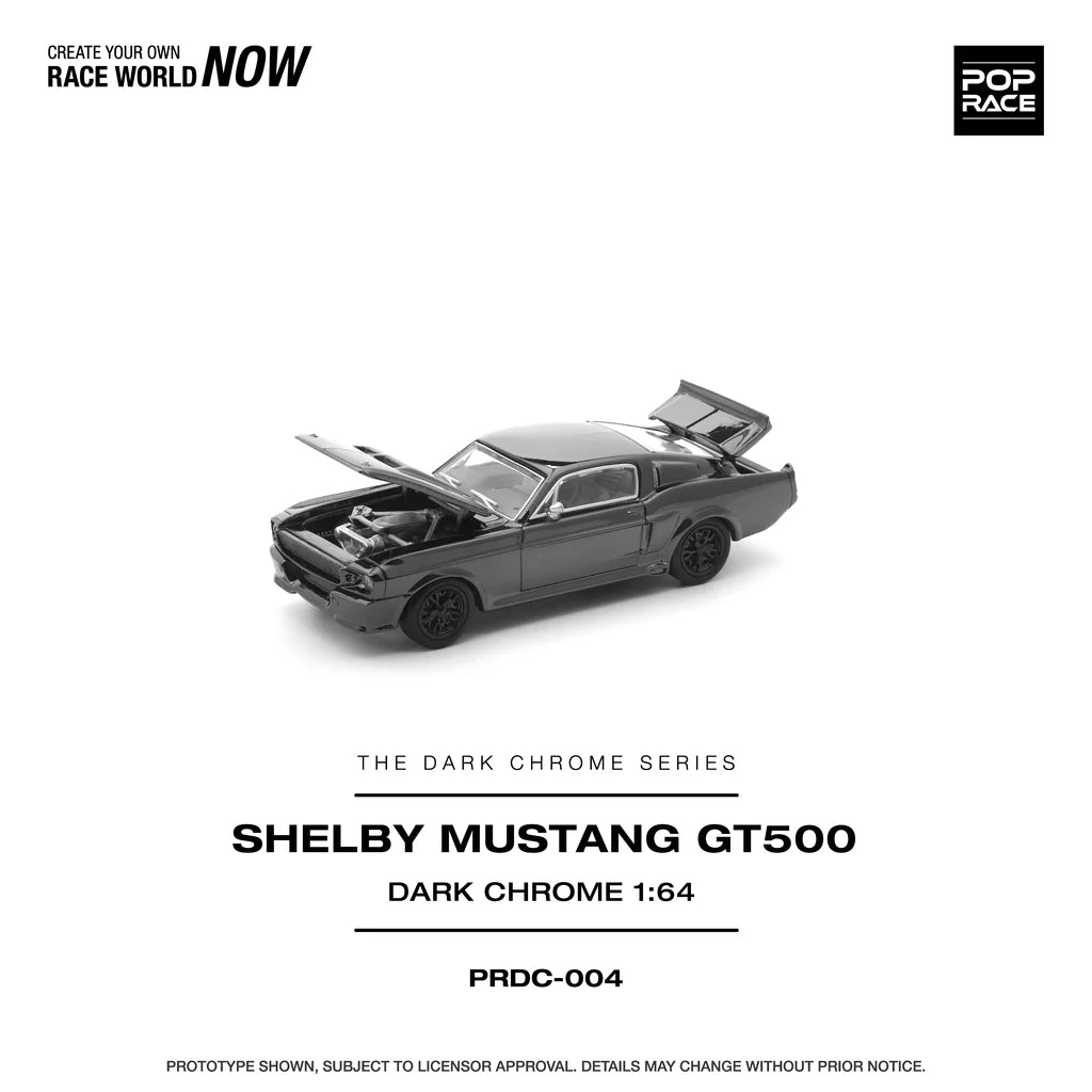 Pop Race Shelby Mustang GT500 Dark Chrome 1:64 diecast model car with bonnet and trunk open