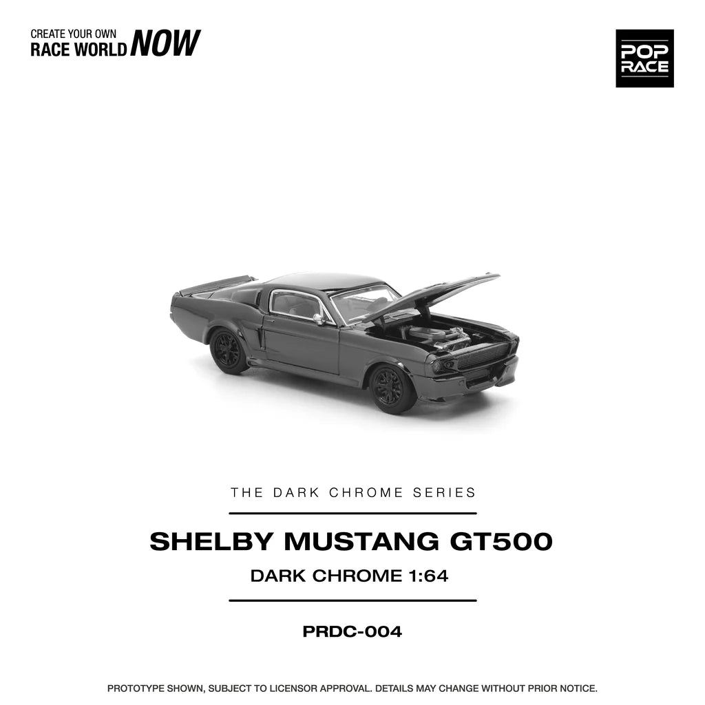 Pop Race Shelby Mustang GT500 Dark Chrome 1:64 diecast model car with bonnet open