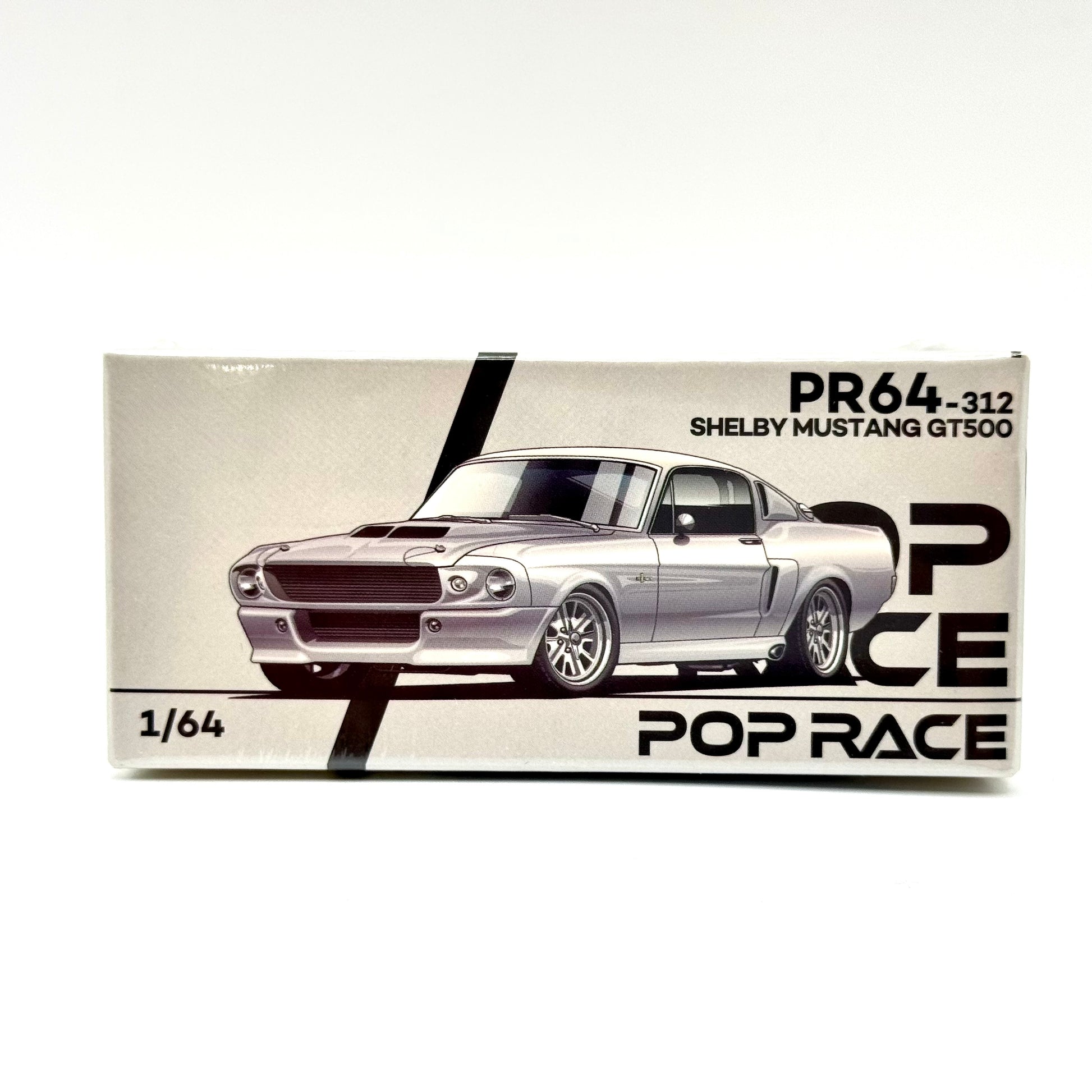 Pop Race Shelby Mustang GT500 Silver Chrome 1:64 diecast model car boxed front view