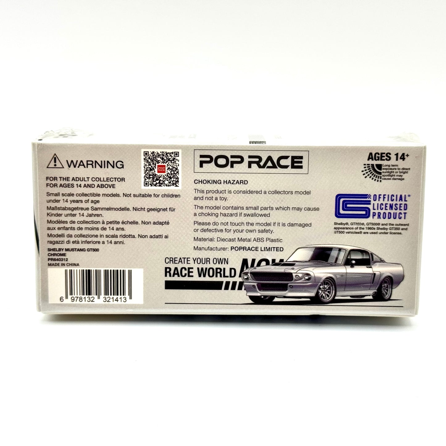 Pop Race Shelby Mustang GT500 Silver Chrome 1:64 diecast model car boxed rear view