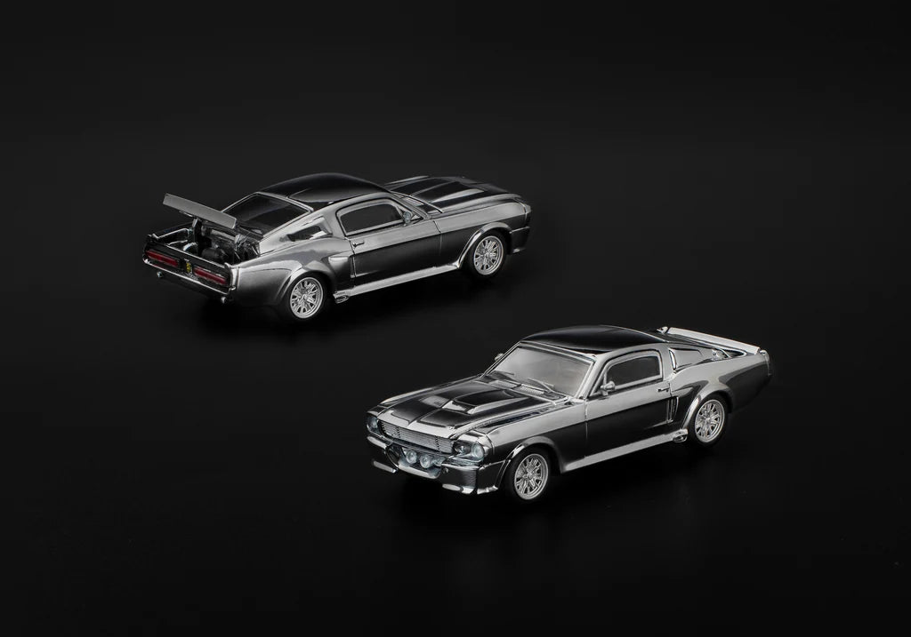 Pop Race Shelby Mustang GT500 Silver Chrome 1:64 diecast model front and rear three-quarter view
