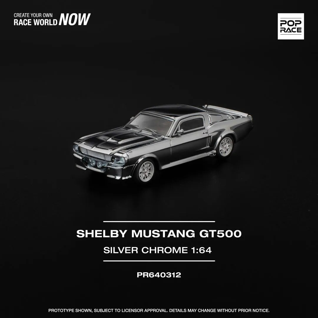 Pop Race Shelby Mustang GT500 Silver Chrome 1:64 diecast model front three-quarter view