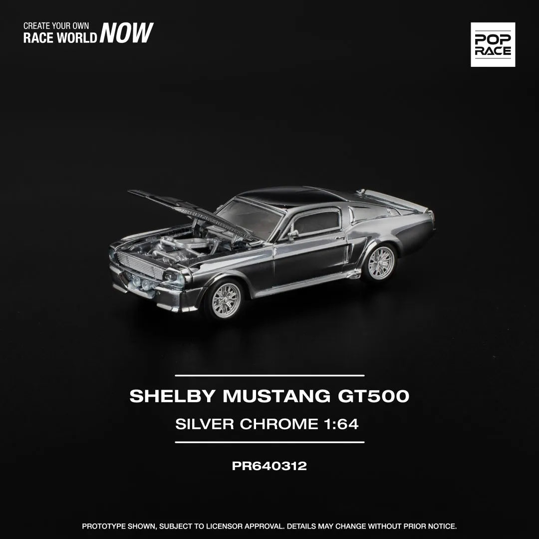 Pop Race Shelby Mustang GT500 Silver Chrome 1:64 model detailed front view
