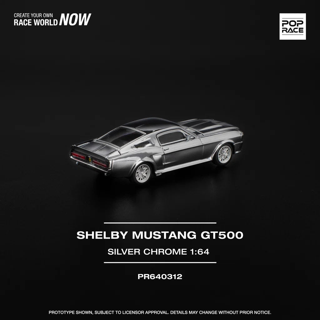 Pop Race Shelby Mustang GT500 Silver Chrome 1:64 diecast model rear three-quarter view