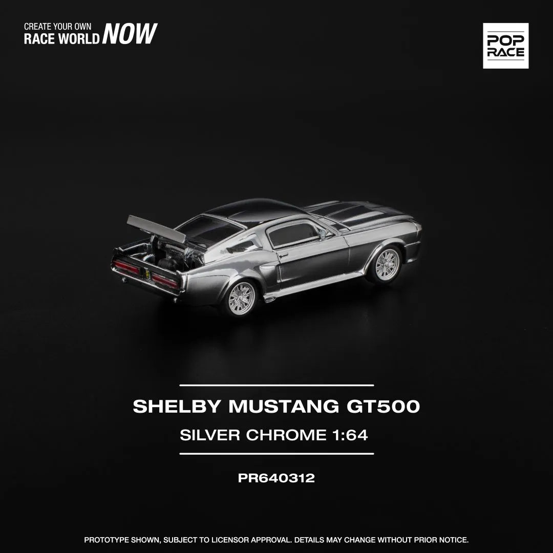 Pop Race Shelby Mustang GT500 Silver Chrome 1:64 model detailed rear view