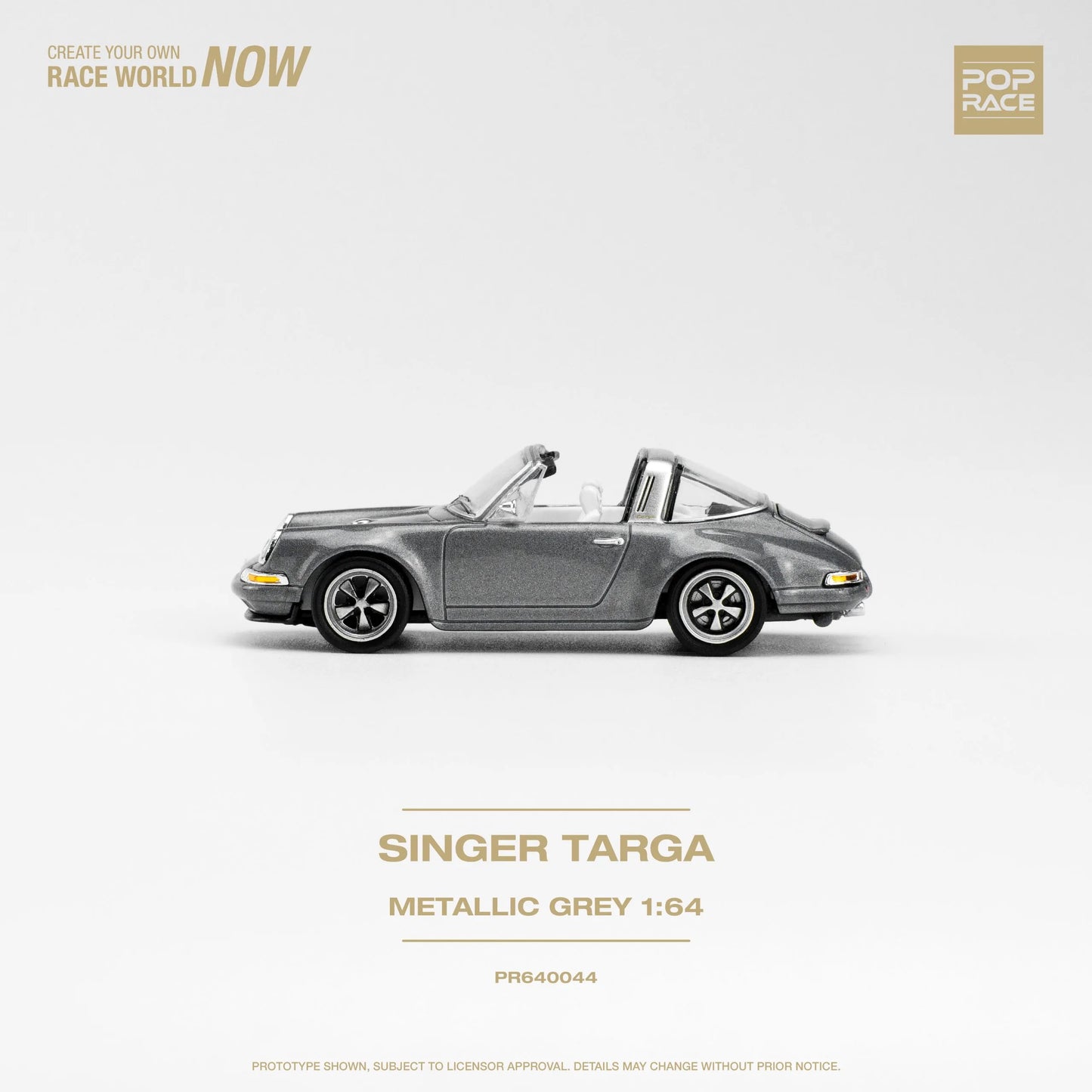 Side profile of Pop Race Singer Targa Metallic Grey 1:64 scale diecast car