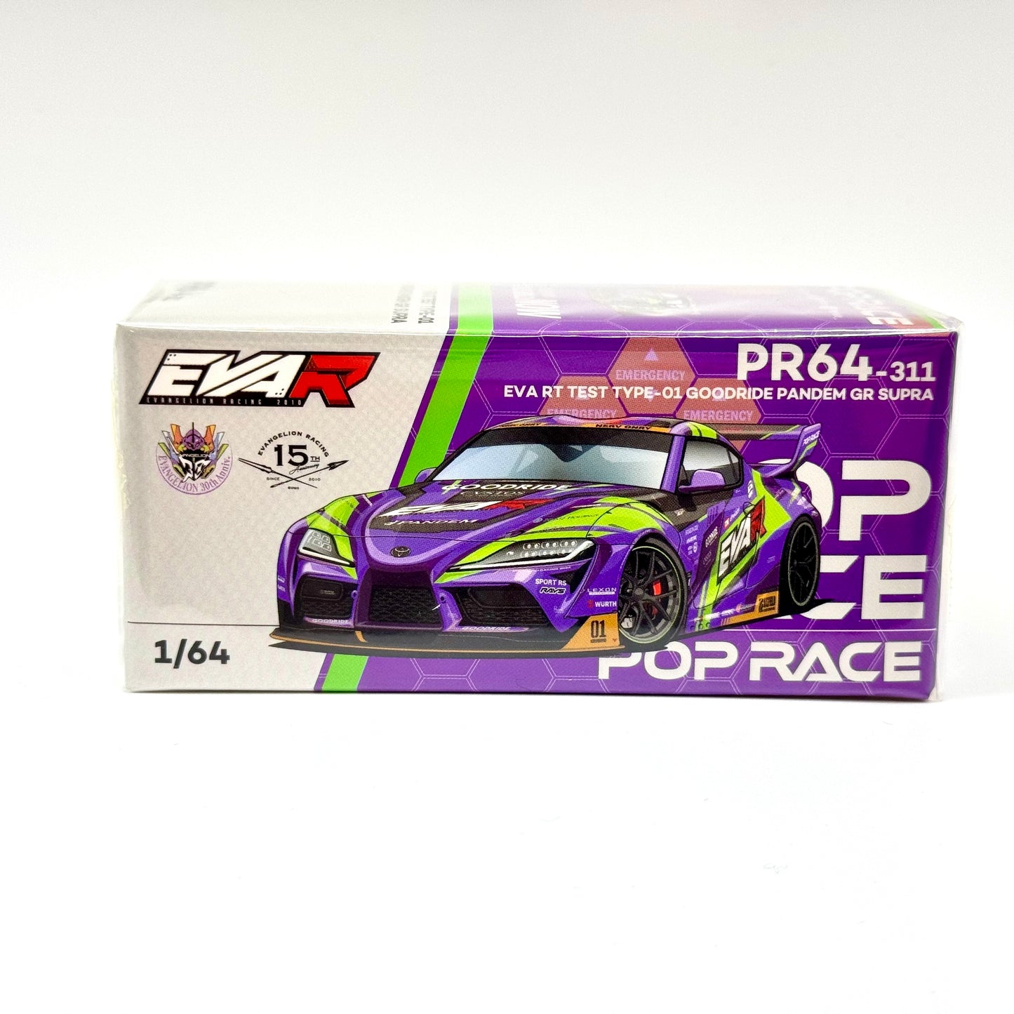 Pop Race Toyota GR Supra Pandem EVA RT Test Type-01 Goodride Purple 1:64 diecast model boxed front view