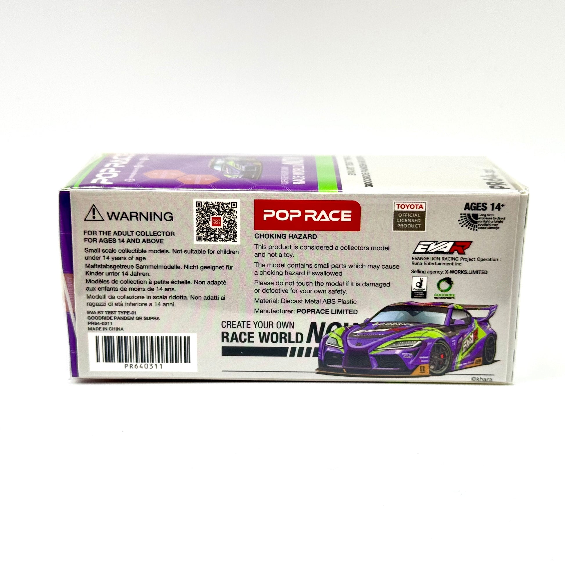 Pop Race Toyota GR Supra Pandem EVA RT Test Type-01 Goodride Purple 1:64 diecast model boxed rear view