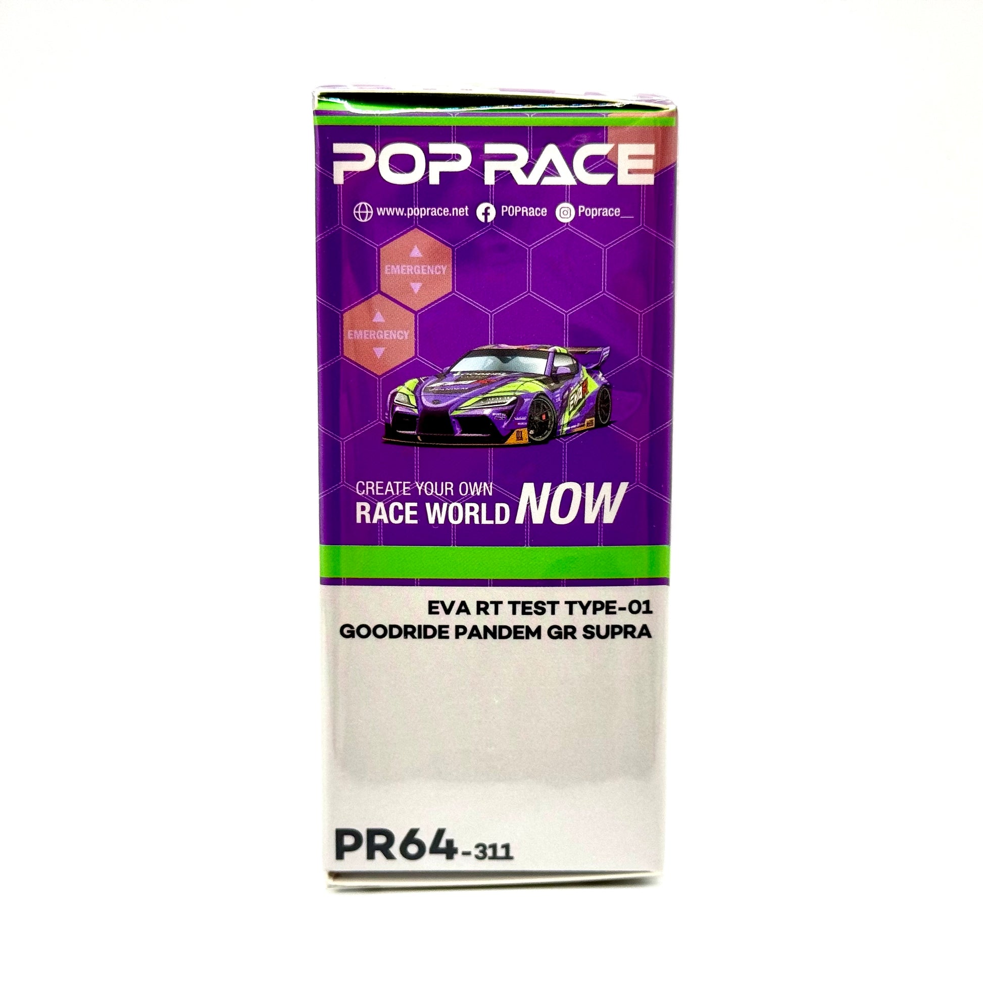 Pop Race Toyota GR Supra Pandem EVA RT Test Type-01 Goodride Purple 1:64 model car packaging side view