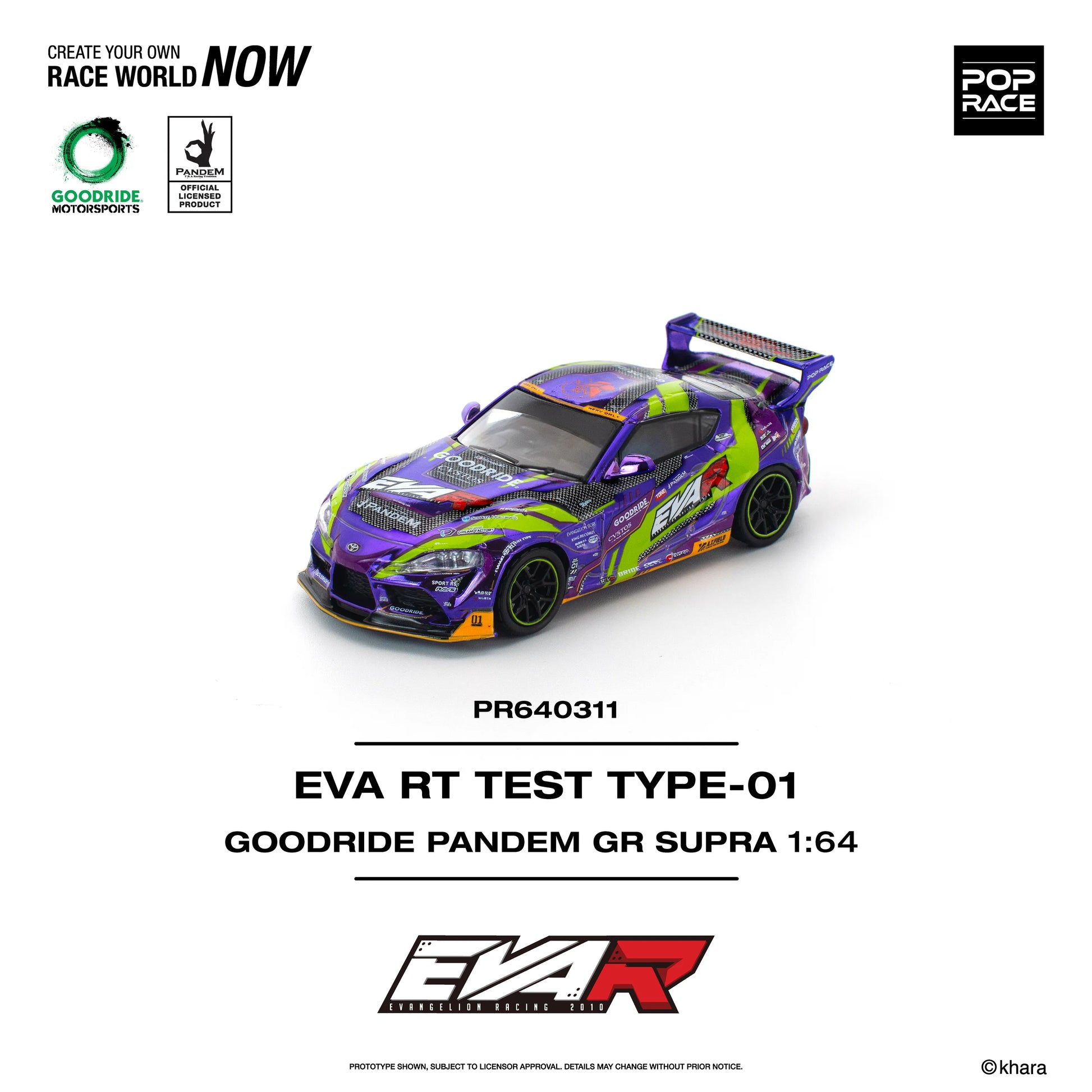 Pop Race Toyota GR Supra Pandem EVA RT Test Type-01 Goodride Purple 1:64 diecast model front three-quarter view
