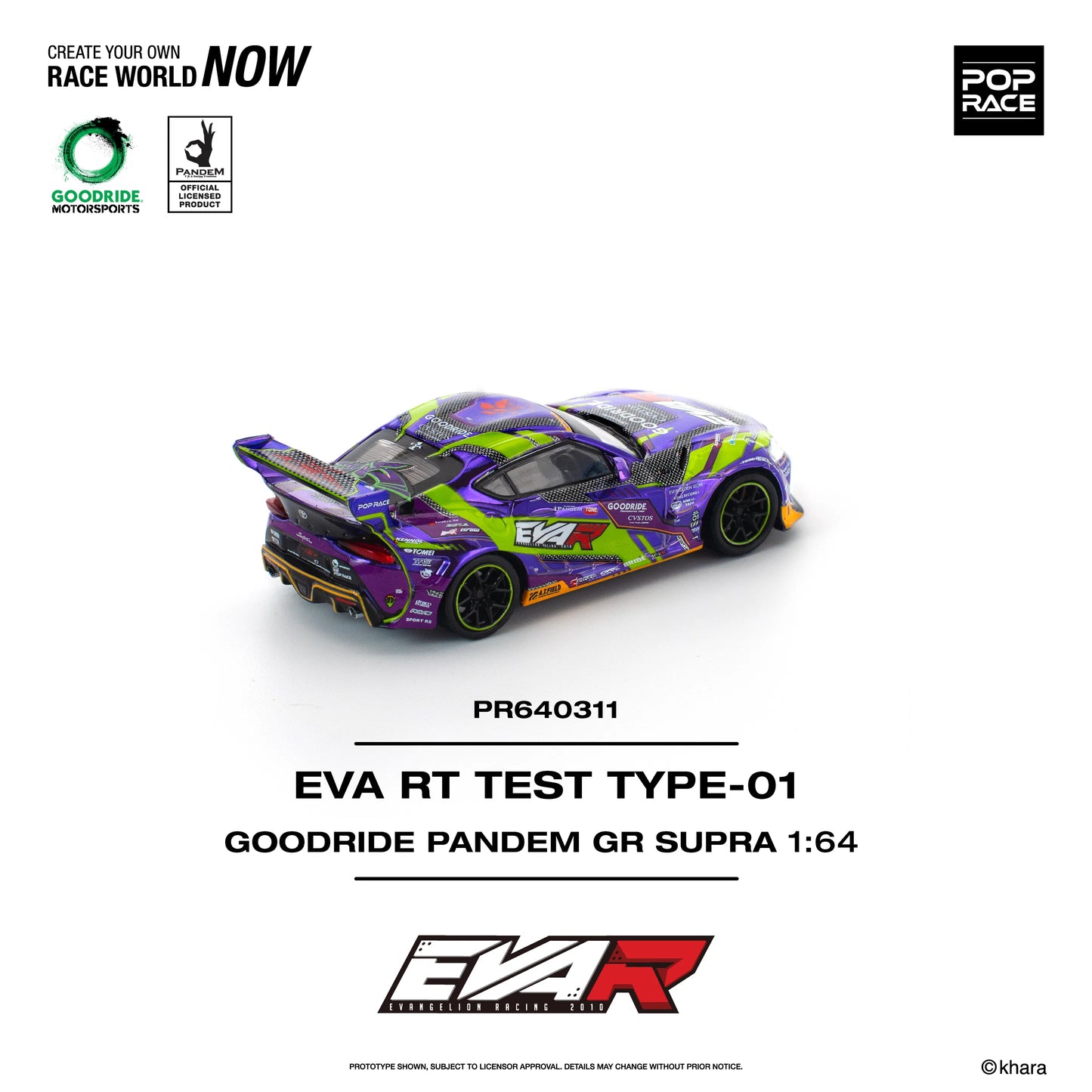 Pop Race Toyota GR Supra Pandem EVA RT Test Type-01 Goodride Purple 1:64 diecast model rear three-quarter view