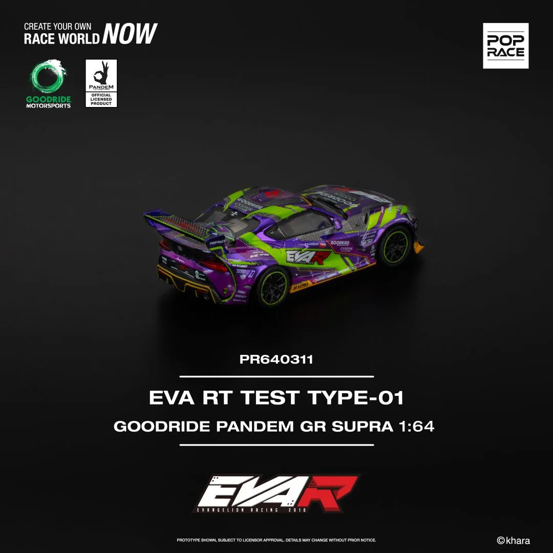 Pop Race Toyota GR Supra Pandem EVA RT Test Type-01 Goodride Purple 1:64 diecast model rear view