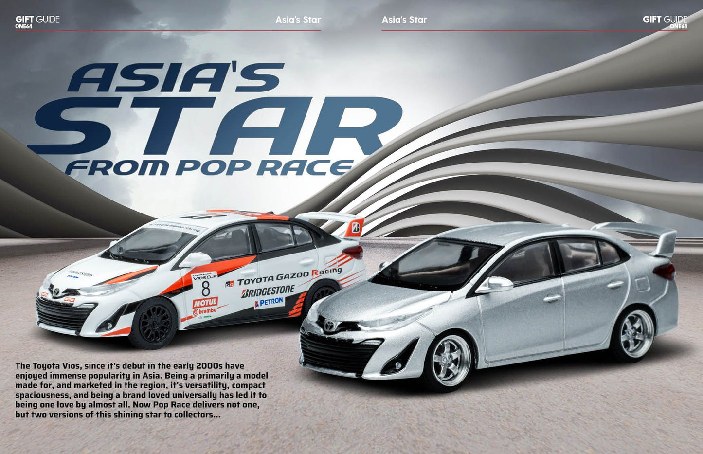 Toyota GR Vios Cup 1:64 diecast model displayed in motorsport-themed diorama brochure