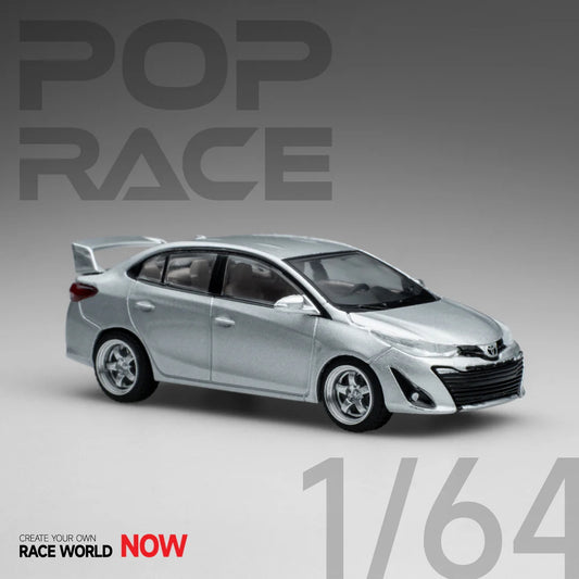 Front view of Toyota GR Vios Silver 1:64 diecast model car by Pop Race