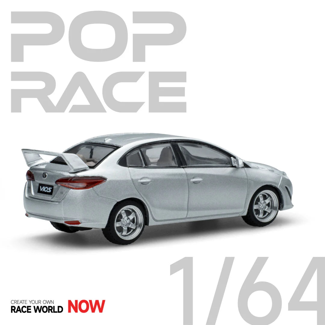Rear view of Toyota GR Vios Silver Pop Race 1:64 diecast car