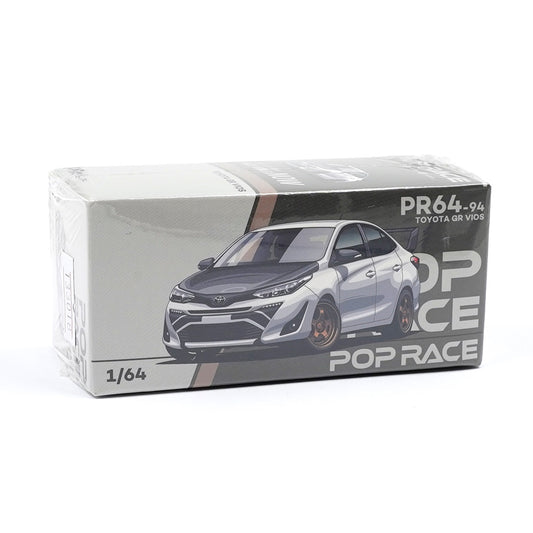 Front box view of Toyota GR Vios White 1:64 diecast model car by Pop Race