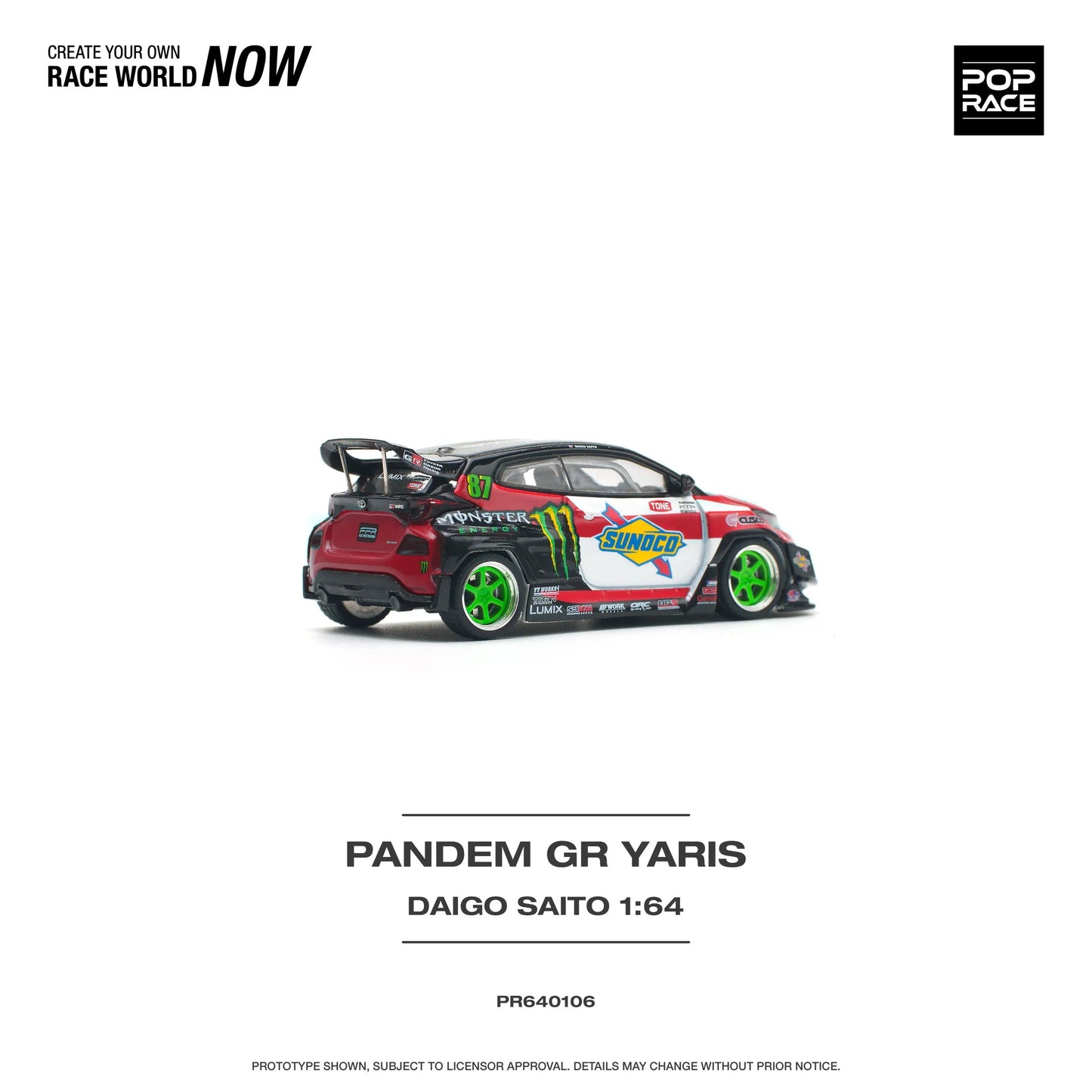 Rear view of unboxed Toyota GR Yaris Pandem Daigo Saito 1:64 diecast model