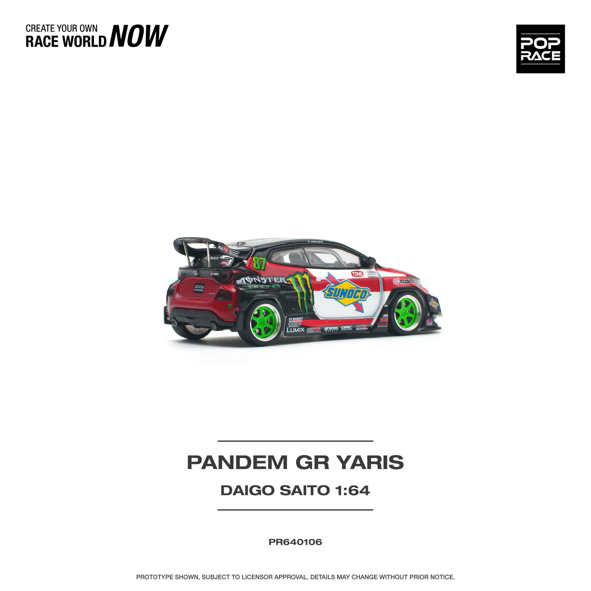Rear view of unboxed Toyota GR Yaris Pandem Daigo Saito 1:64 diecast model