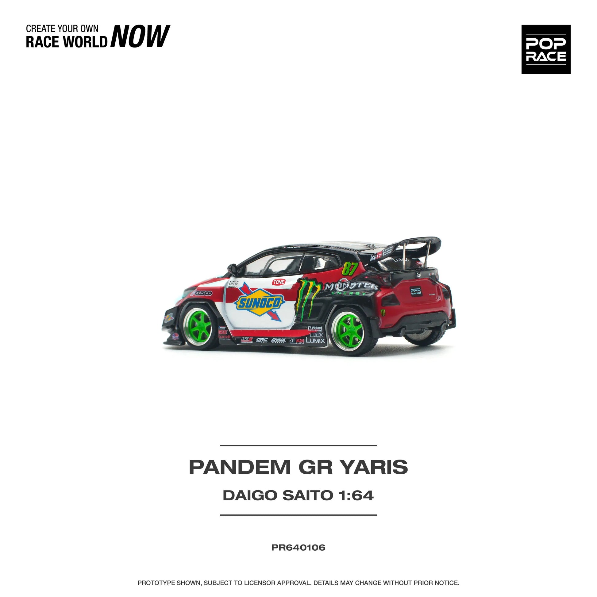 Rear view of unboxed Toyota GR Yaris Pandem Daigo Saito 1:64 diecast model
