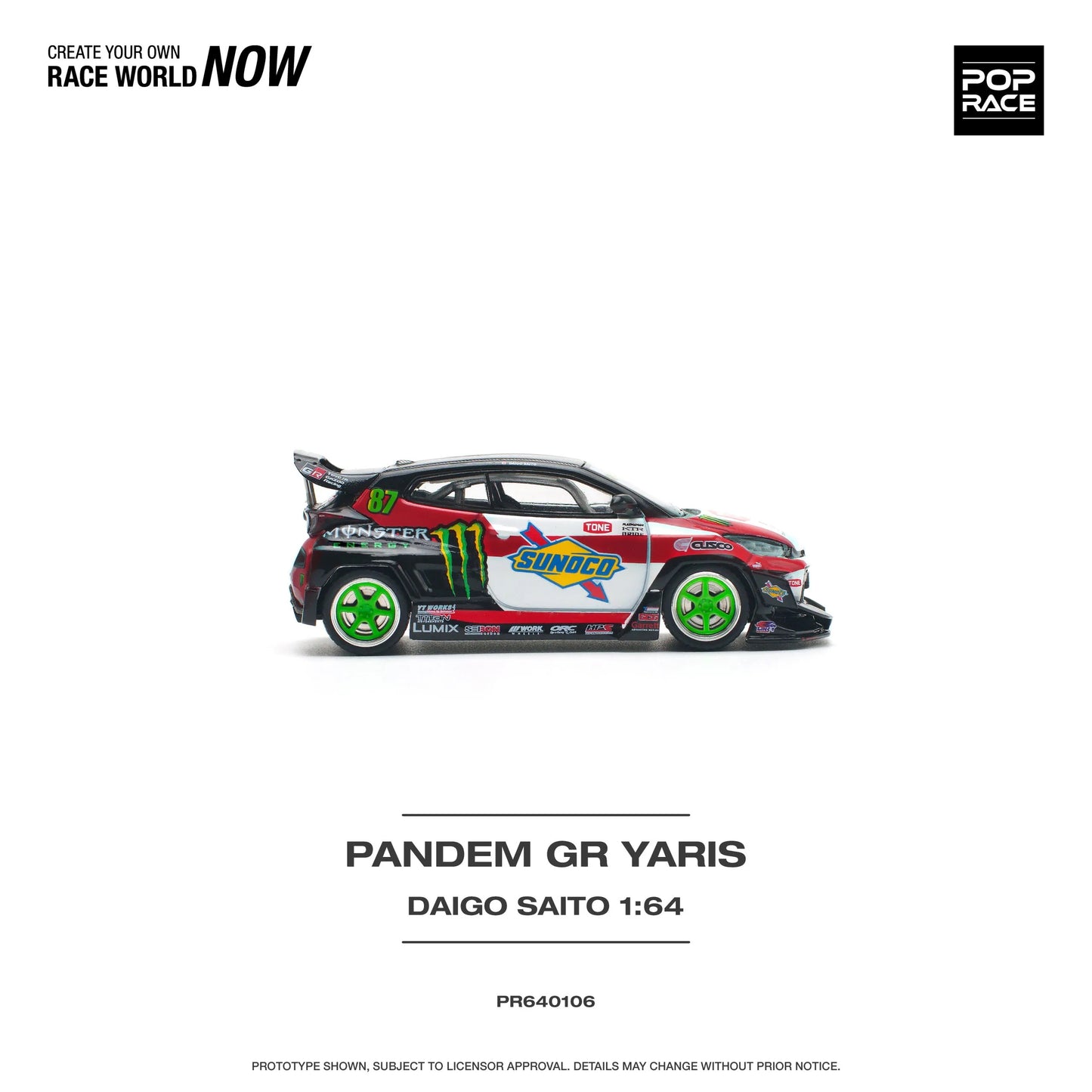 Right side profile of Pop Race GR Yaris Pandem Daigo Saito 1:64 diecast model