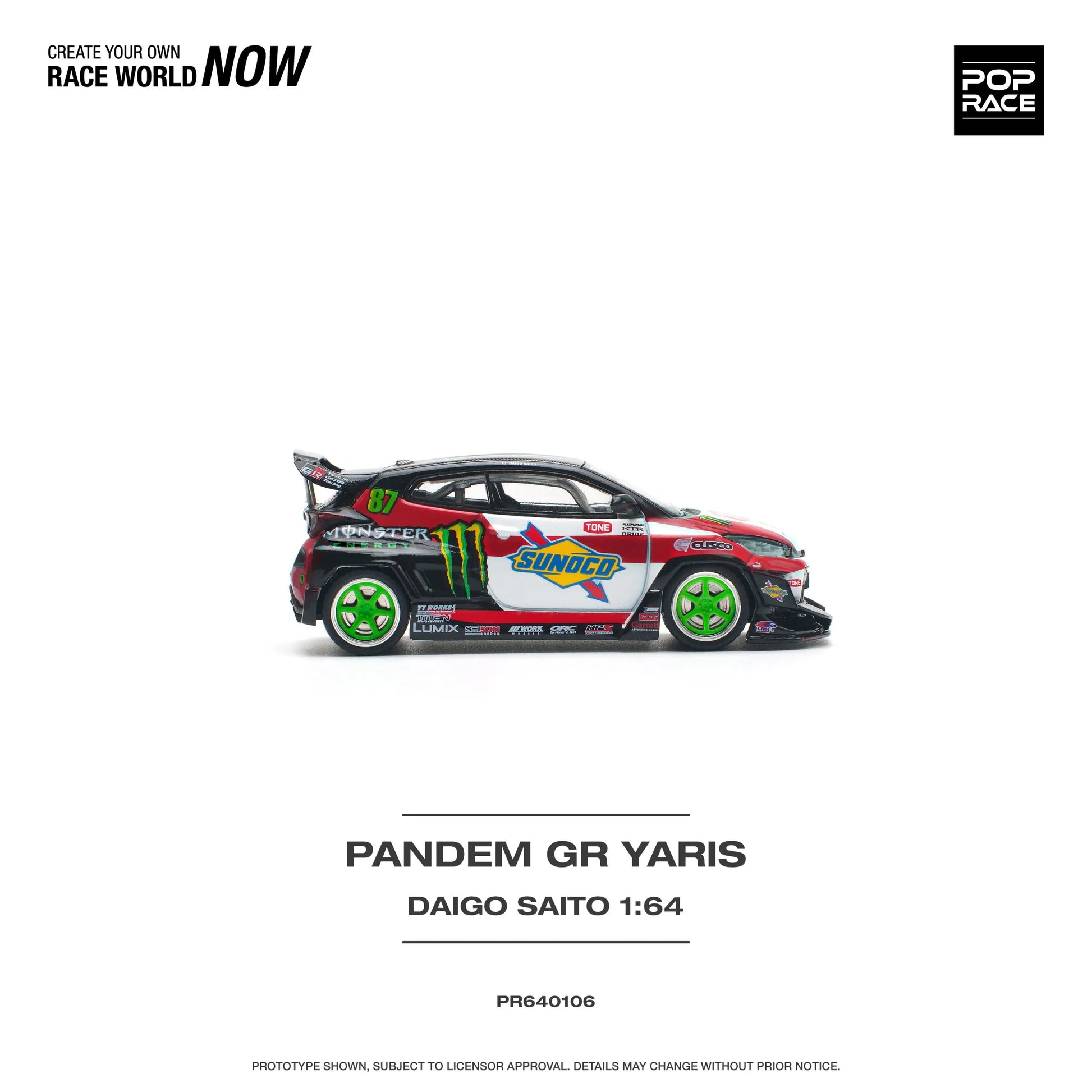 Right side profile of Pop Race GR Yaris Pandem Daigo Saito 1:64 diecast model