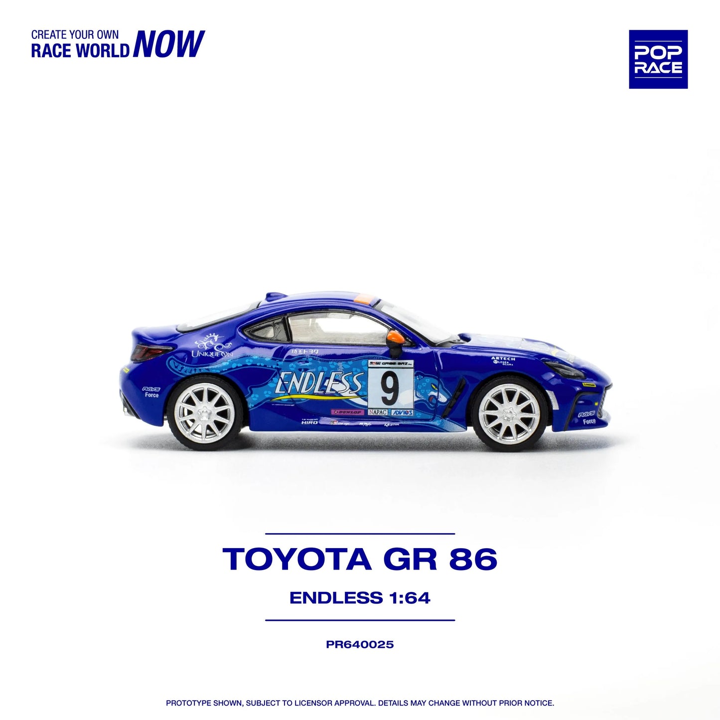 Side profile of Pop Race Toyota GR86 Endless 1:64 racing diecast car