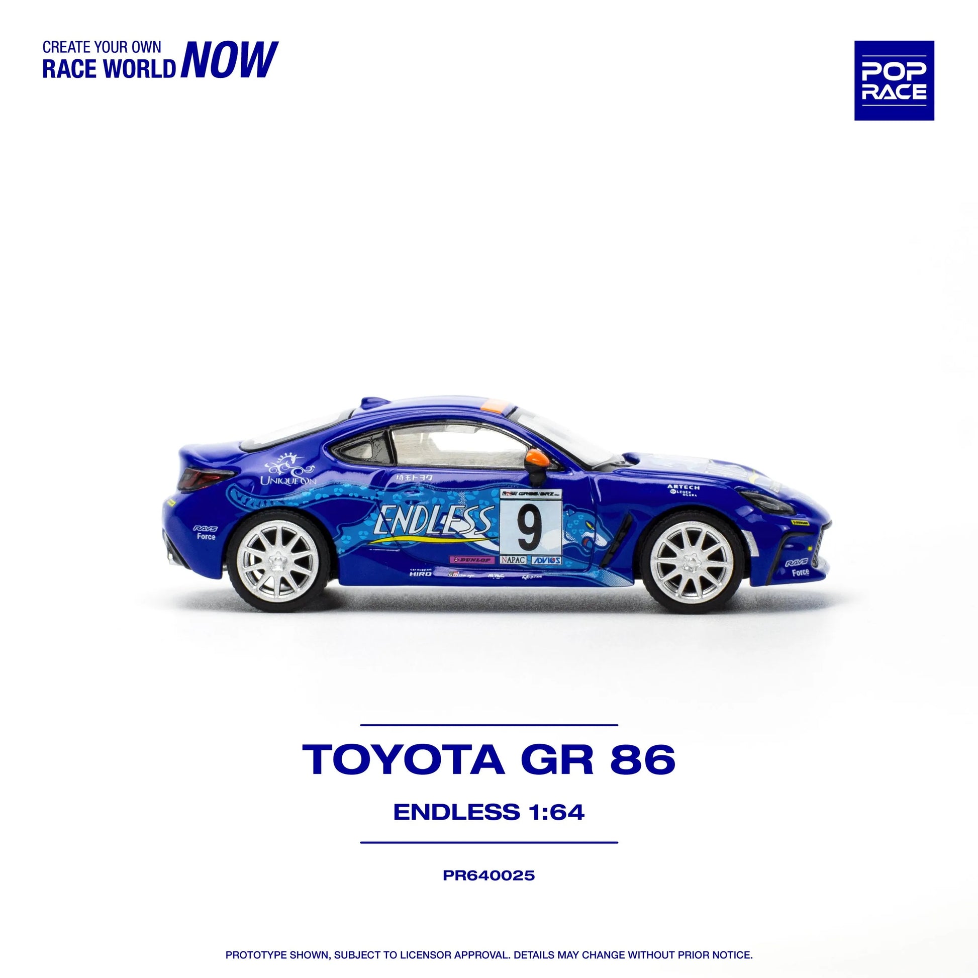 Side profile of Pop Race Toyota GR86 Endless 1:64 racing diecast car
