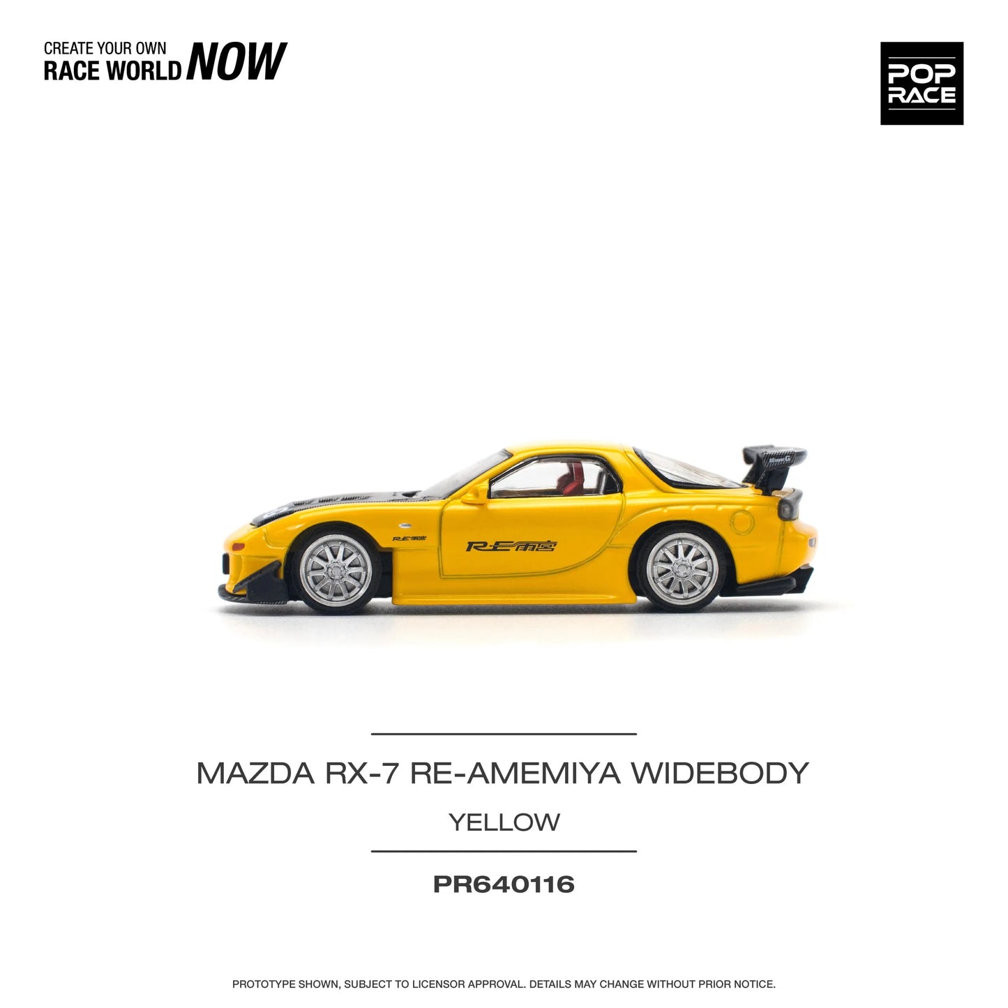 Left side angle of Pop Race Mazda RX-7 FD RE-Amemiya Widebody Yellow out of box