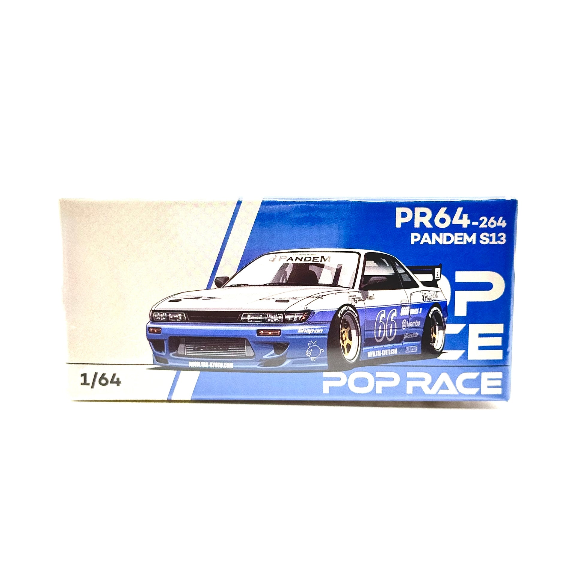 Pop Race Nissan Silvia S13 Pandem Rocket Bunny Moontech Blue Silver box front 1:64 diecast