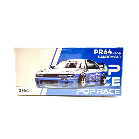 Pop Race Nissan Silvia S13 Pandem Rocket Bunny Moontech Blue Silver box front 1:64 diecast