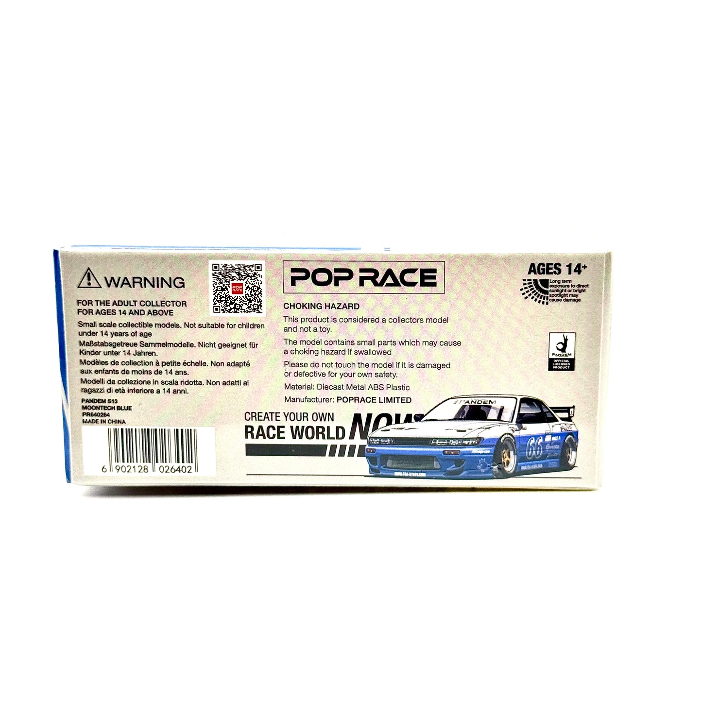 Nissan Silvia S13 Pandem Moontech Blue Silver packaging rear Pop Race diecast