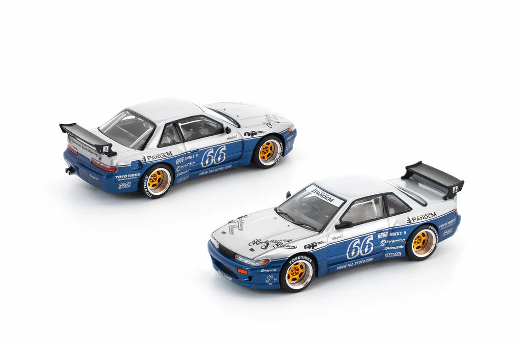 Nissan Silvia S13 Pandem Rocket Bunny Moontech Blue Silver front angle Pop Race diecast