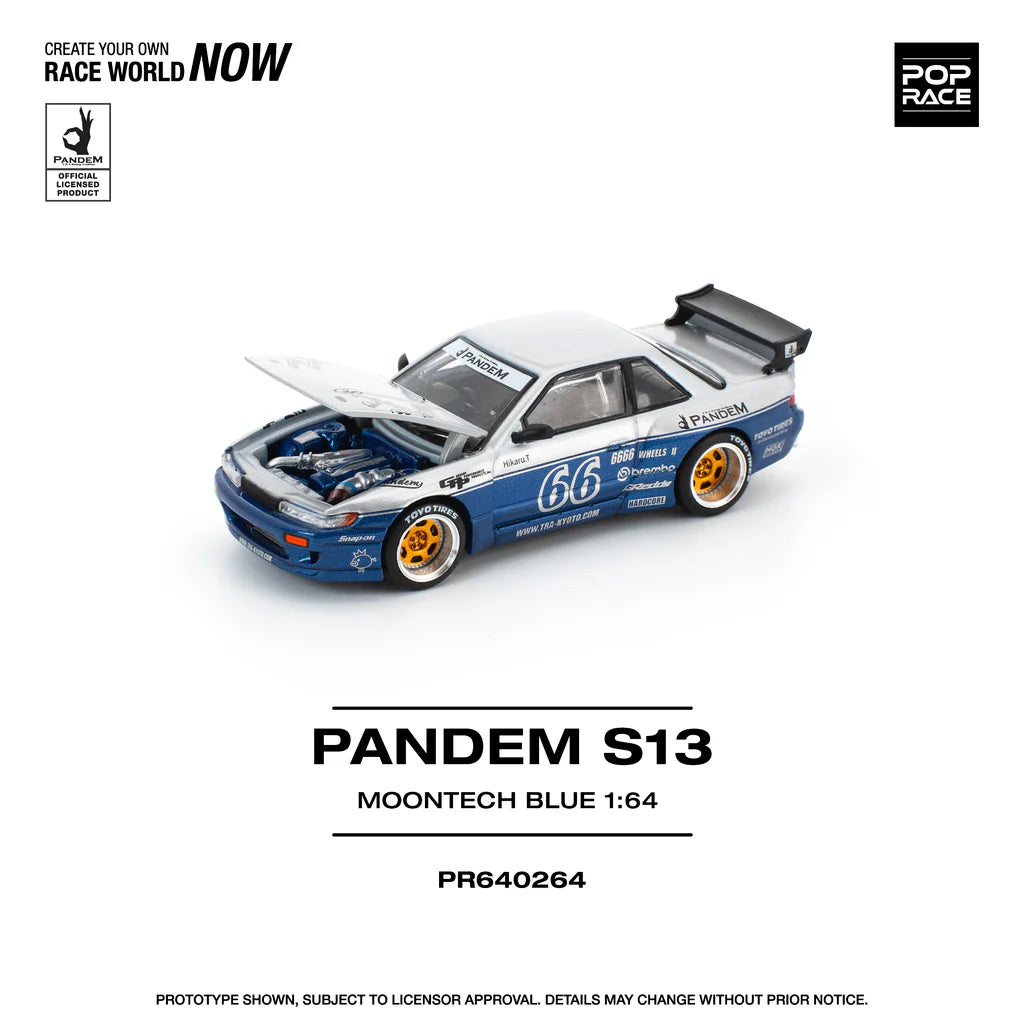 Nissan Silvia S13 Pandem Rocket Bunny Moontech Blue Silver front angle Pop Race diecast