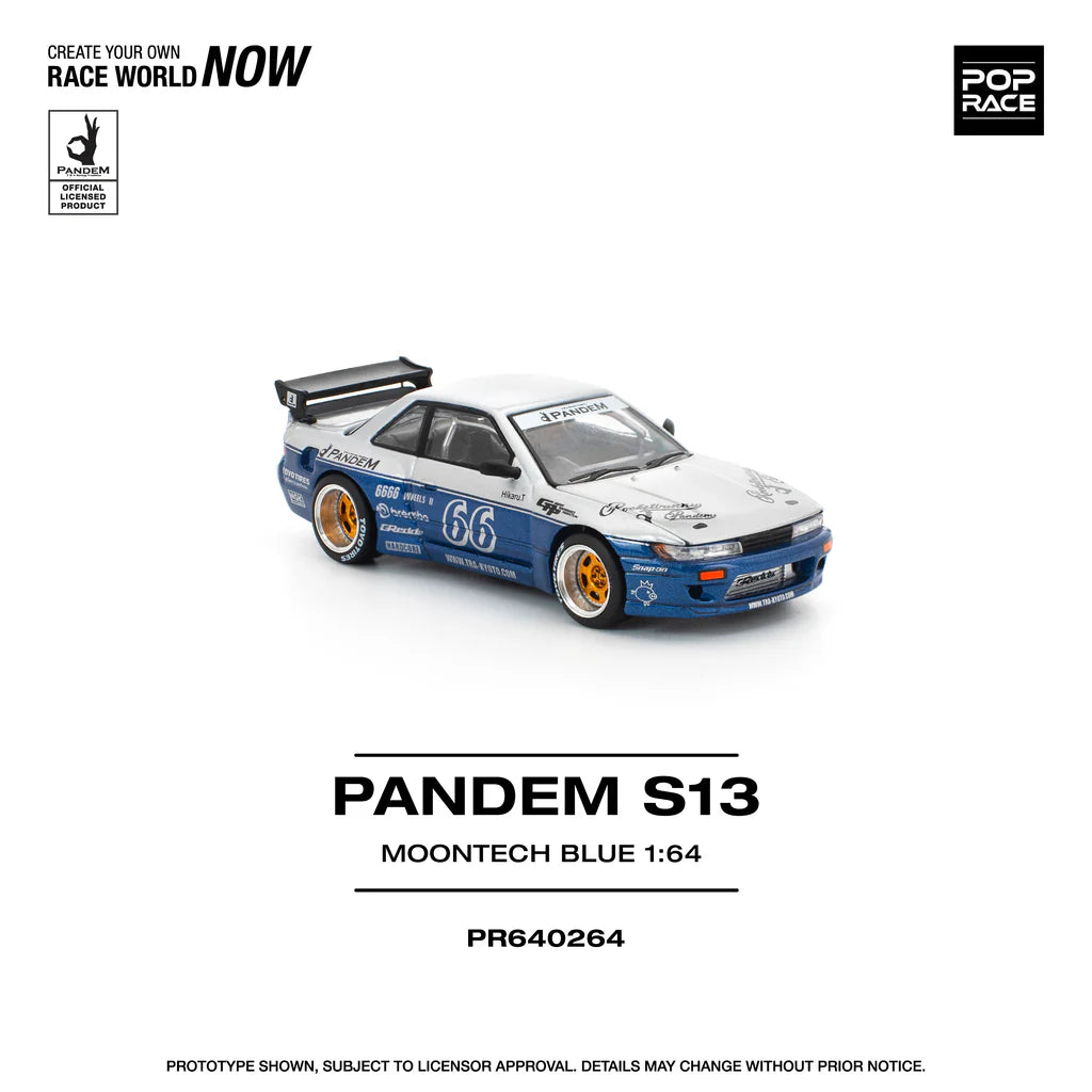 Nissan Silvia S13 Pandem Rocket Bunny Moontech Blue Silver front angle Pop Race diecast