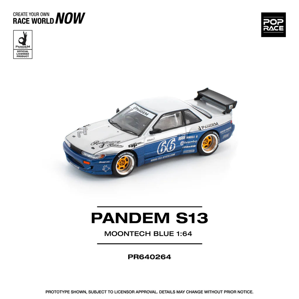 Nissan Silvia S13 Pandem Rocket Bunny Moontech Blue Silver front angle Pop Race diecast