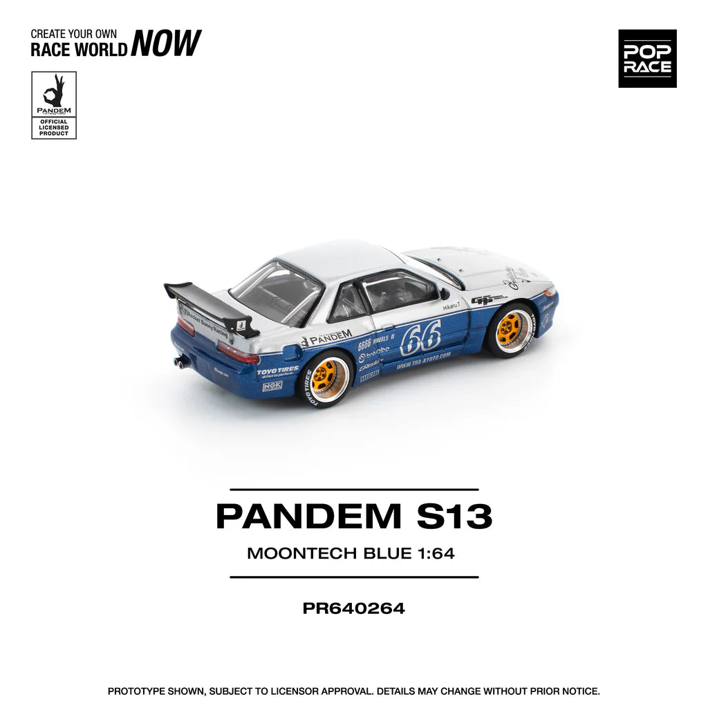 Nissan Silvia S13 Pandem Moontech Blue Silver rear angle Pop Race diecast
