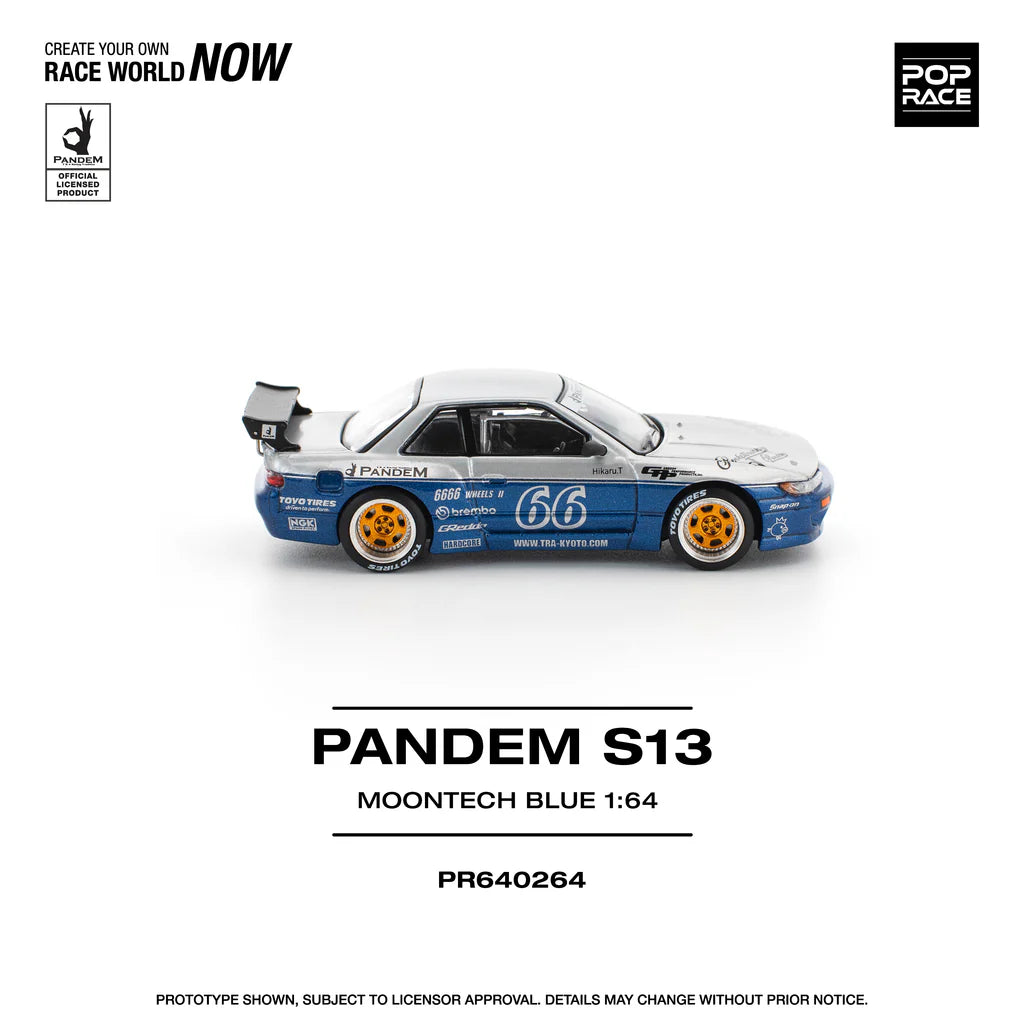 Nissan Silvia S13 Pandem Rocket Bunny Moontech Blue Silver side profile Pop Race