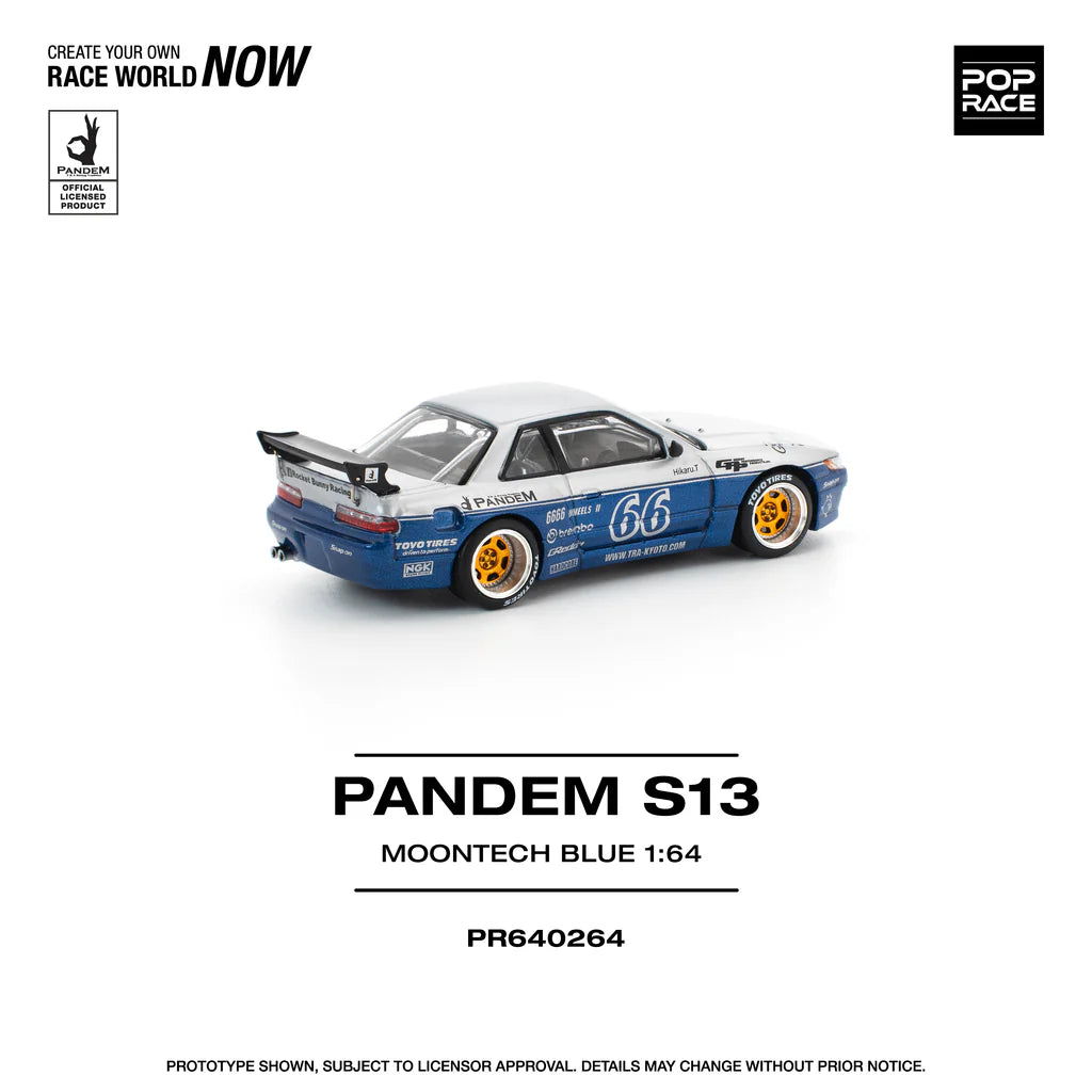 Nissan Silvia S13 Pandem Rocket Bunny Moontech Blue Silver side profile Pop Race