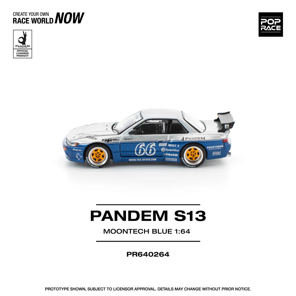 Nissan Silvia S13 Pandem Rocket Bunny Moontech Blue Silver side profile Pop Race