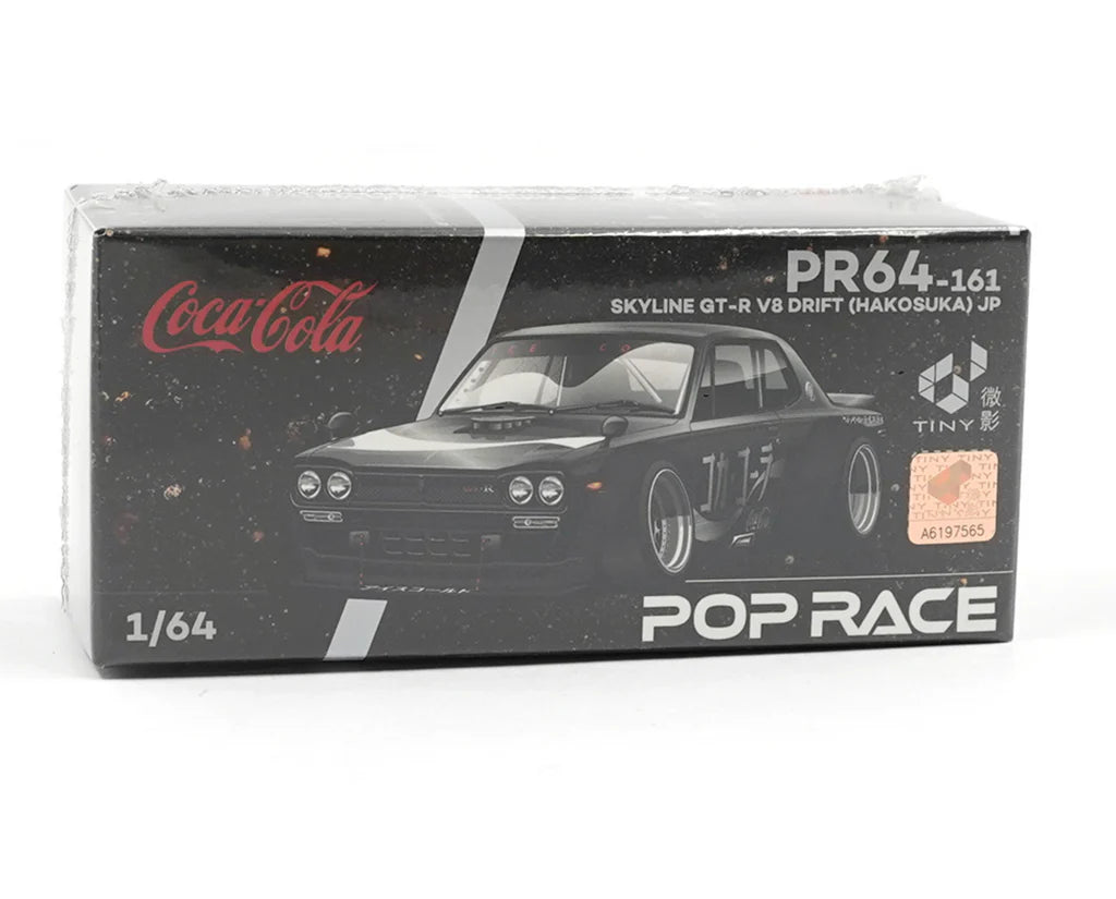 Pop Race Nissan Skyline GT-R Hakosuka V8 Drift Coca-Cola Chrome Black box front 1:64 diecast model car