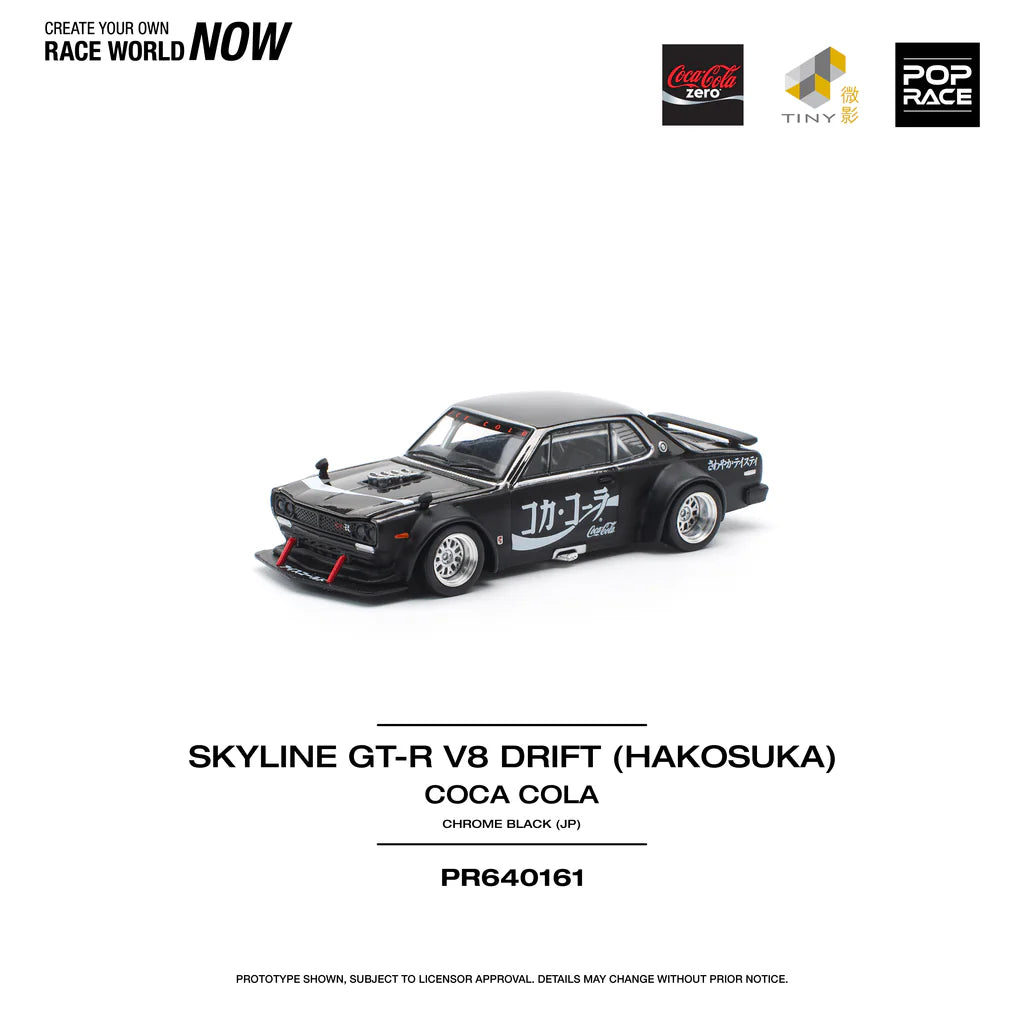 Nissan Skyline Hakosuka V8 Drift Coca-Cola Chrome Black front angle open hood engine detail Pop Race diecast