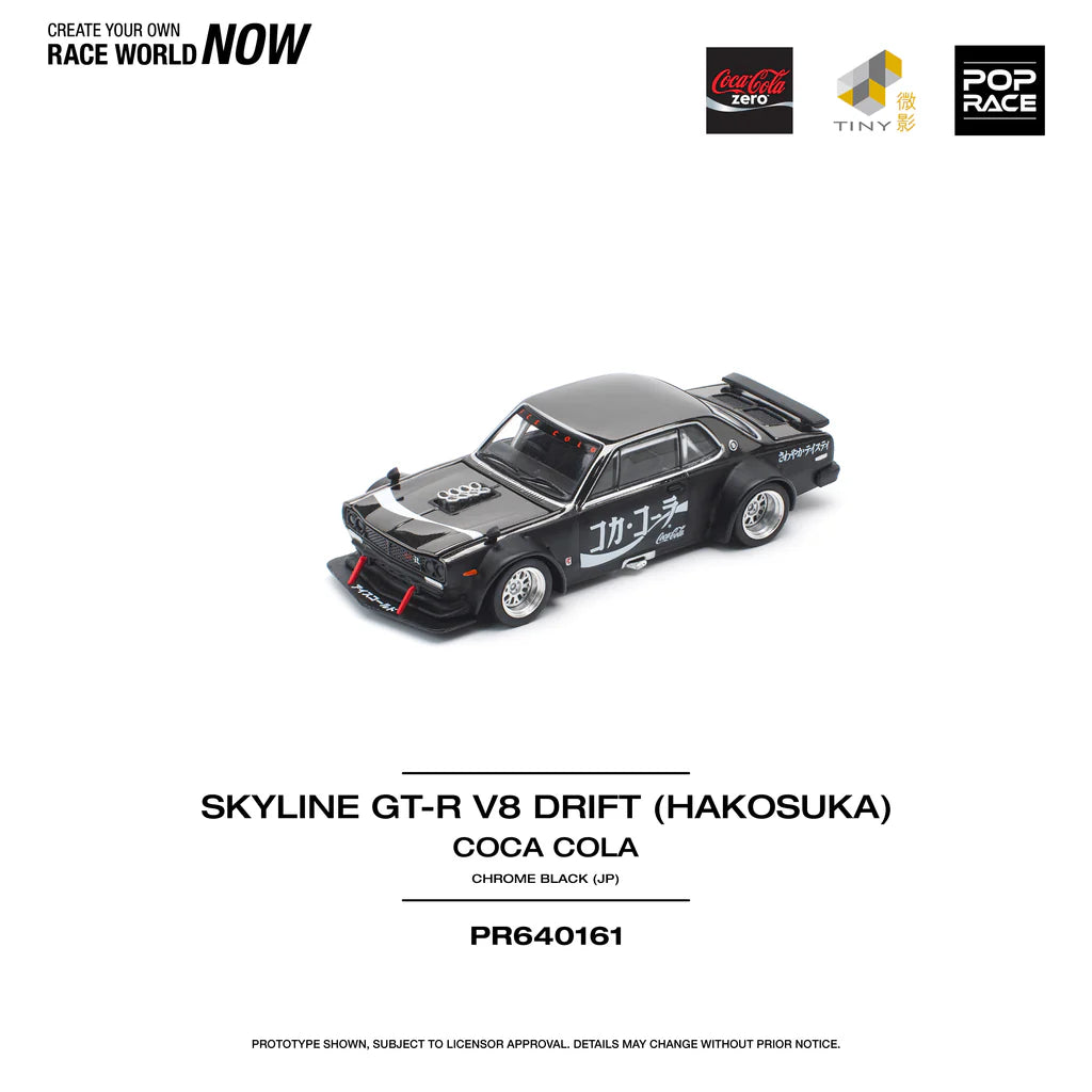 Nissan Skyline Hakosuka V8 Drift Coca-Cola Chrome Black front angle closed hood engine detail Pop Race diecast
