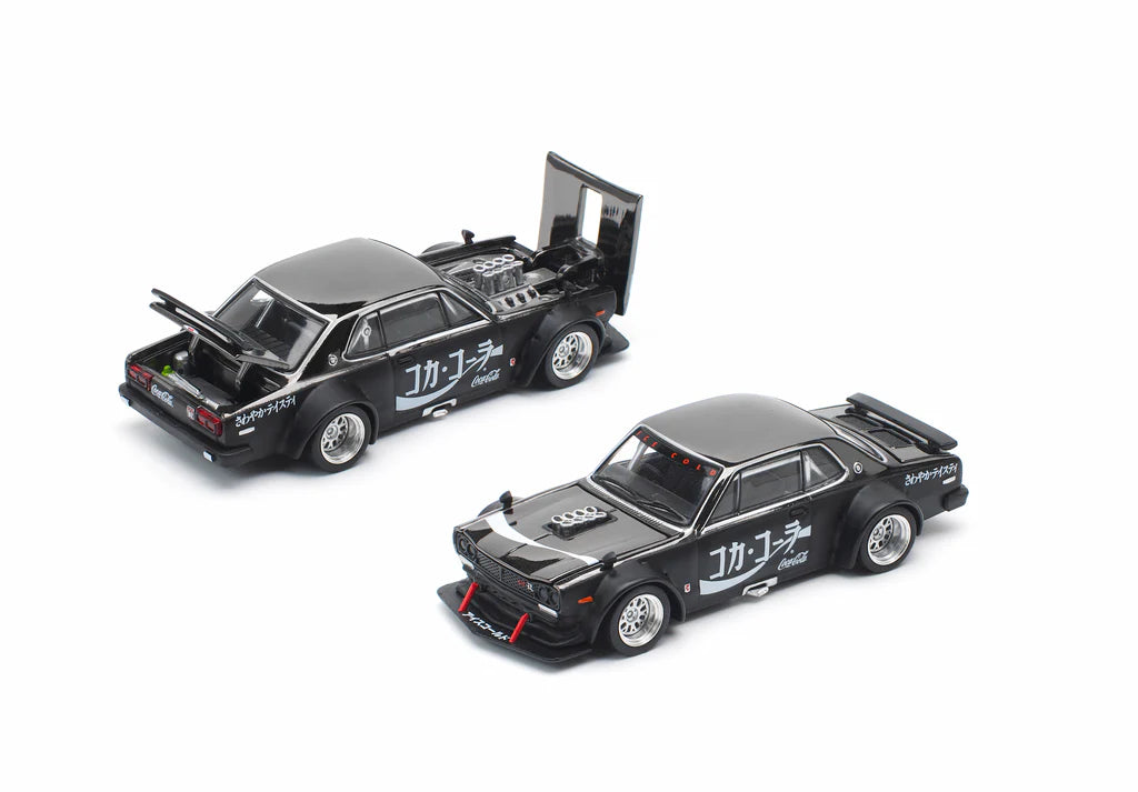 Nissan Skyline Hakosuka V8 Drift Coca-Cola Chrome Black front angle open hood engine detail Pop Race diecast