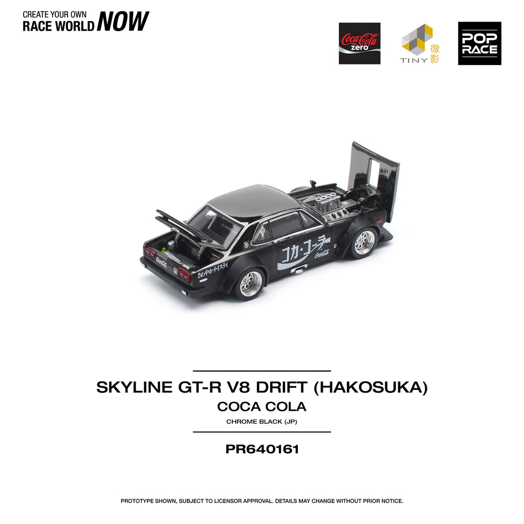 Nissan Skyline Hakosuka V8 Drift Coca-Cola Chrome Black rear angle open hood engine detail Pop Race diecast
