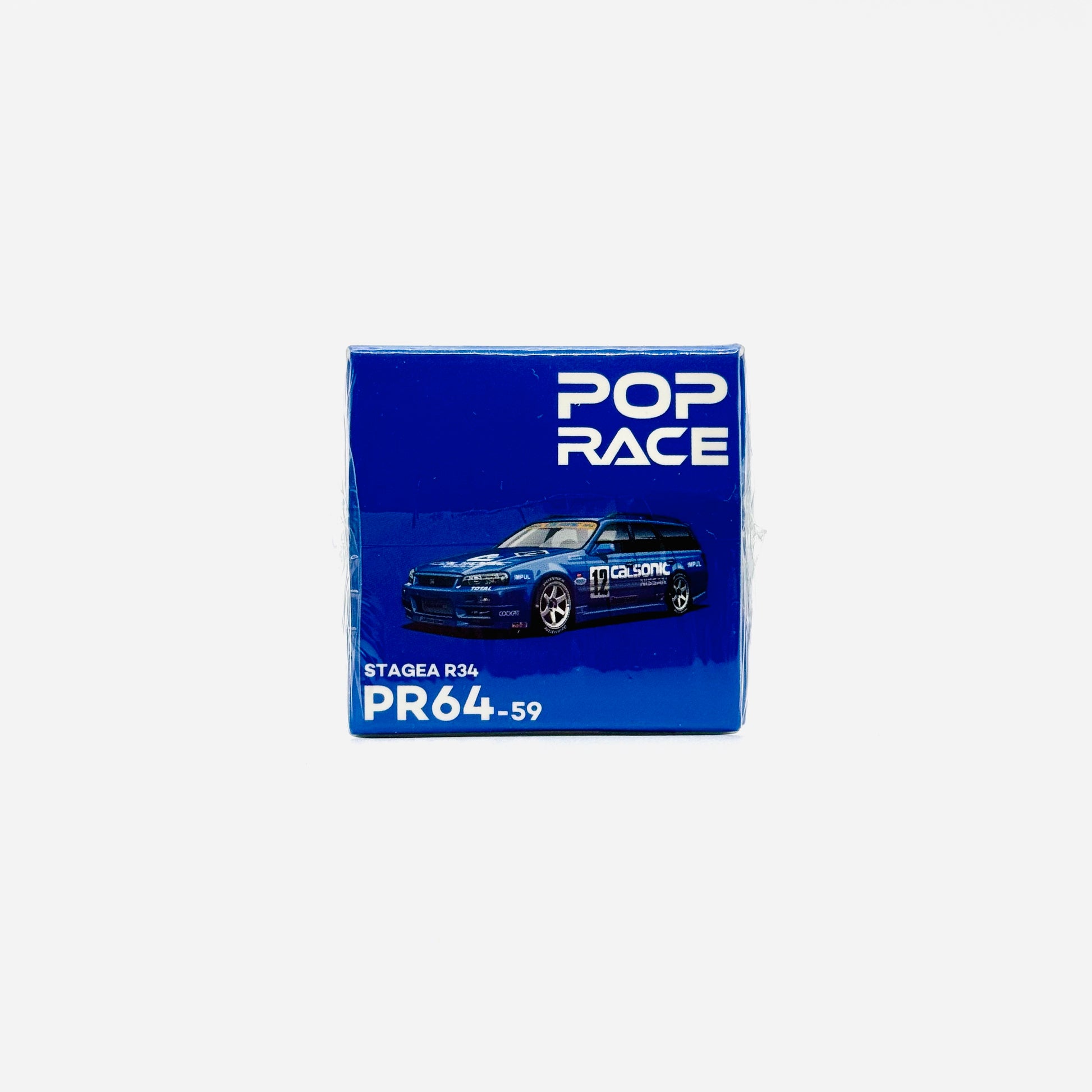 Pop Race Nissan Stagea R34 Calsonic boxed model front angle