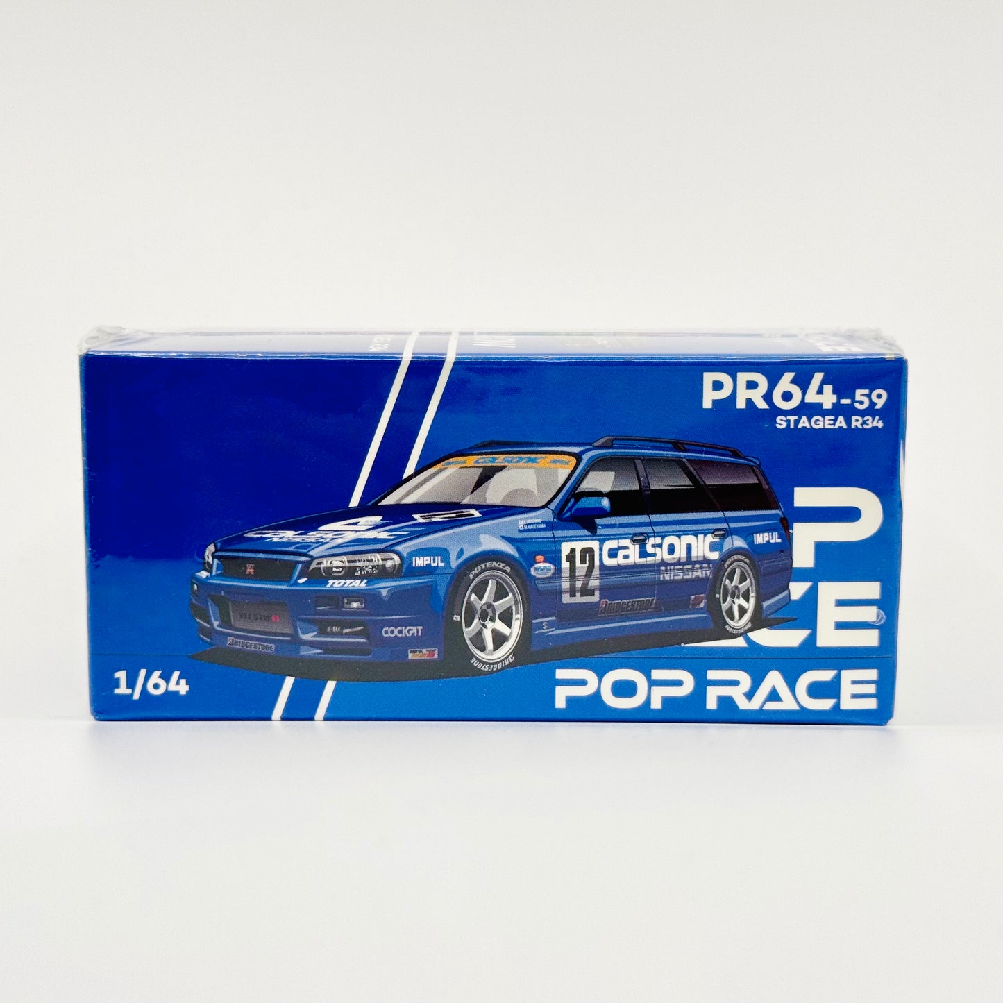 Pop Race Nissan Stagea R34 Calsonic 1:64 diecast model box front view