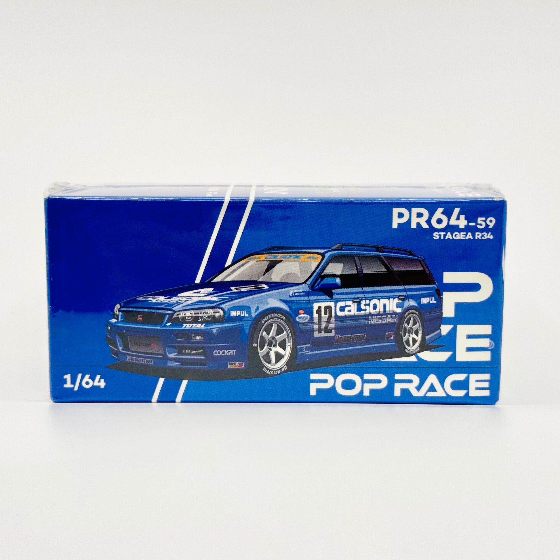 Pop Race Nissan Stagea R34 Calsonic 1:64 diecast model box front view