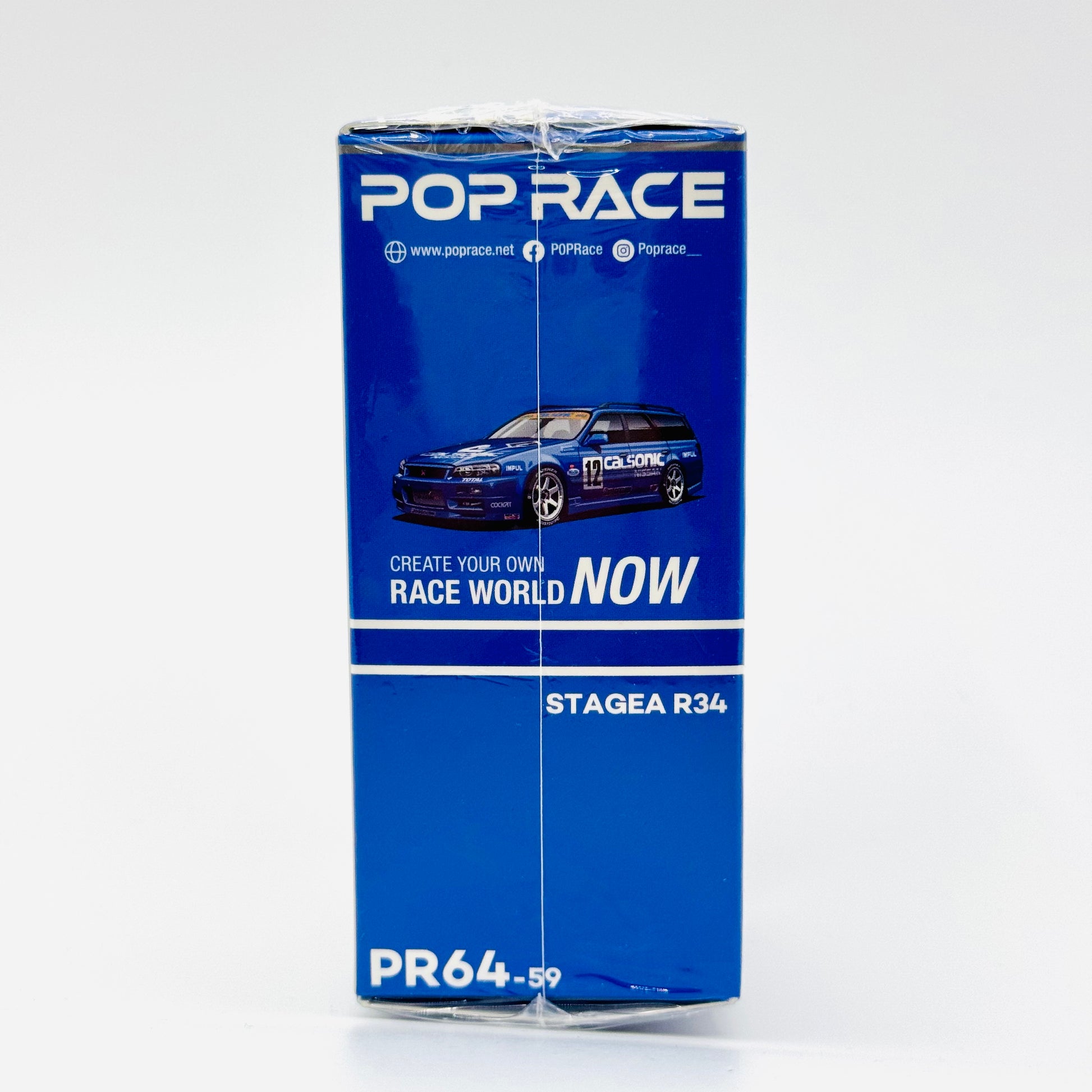 Nissan Stagea R34 Calsonic 1:64 by Pop Race box side angle